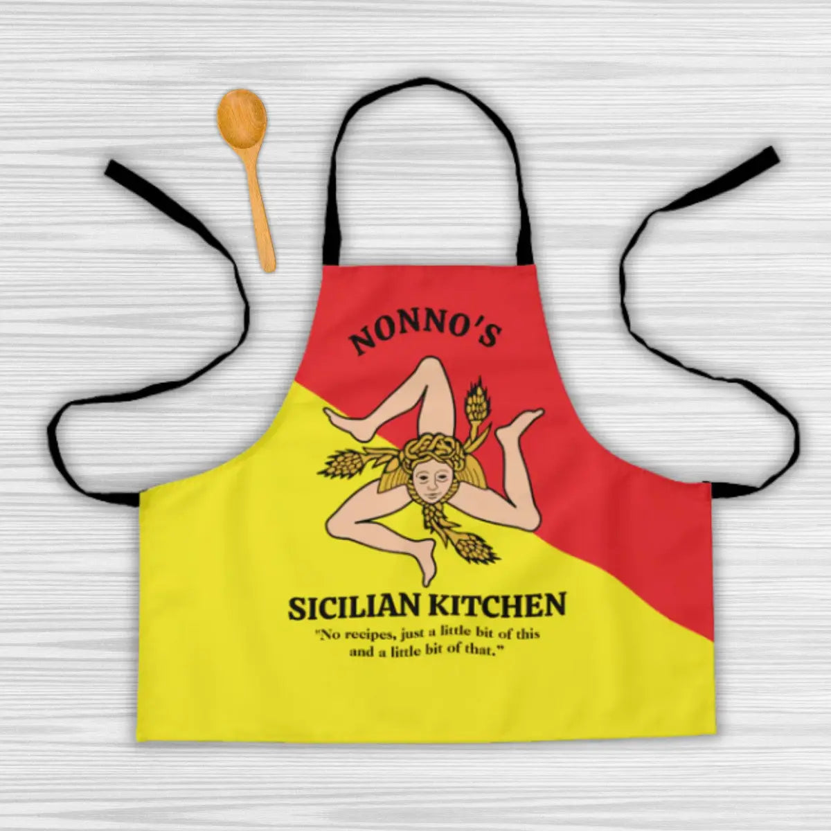Flag of Sicily Short Length Apron with custom wording and message. Heritage gift for him, gift for her, father's day gift, mother's day gift, and housewarming gift.