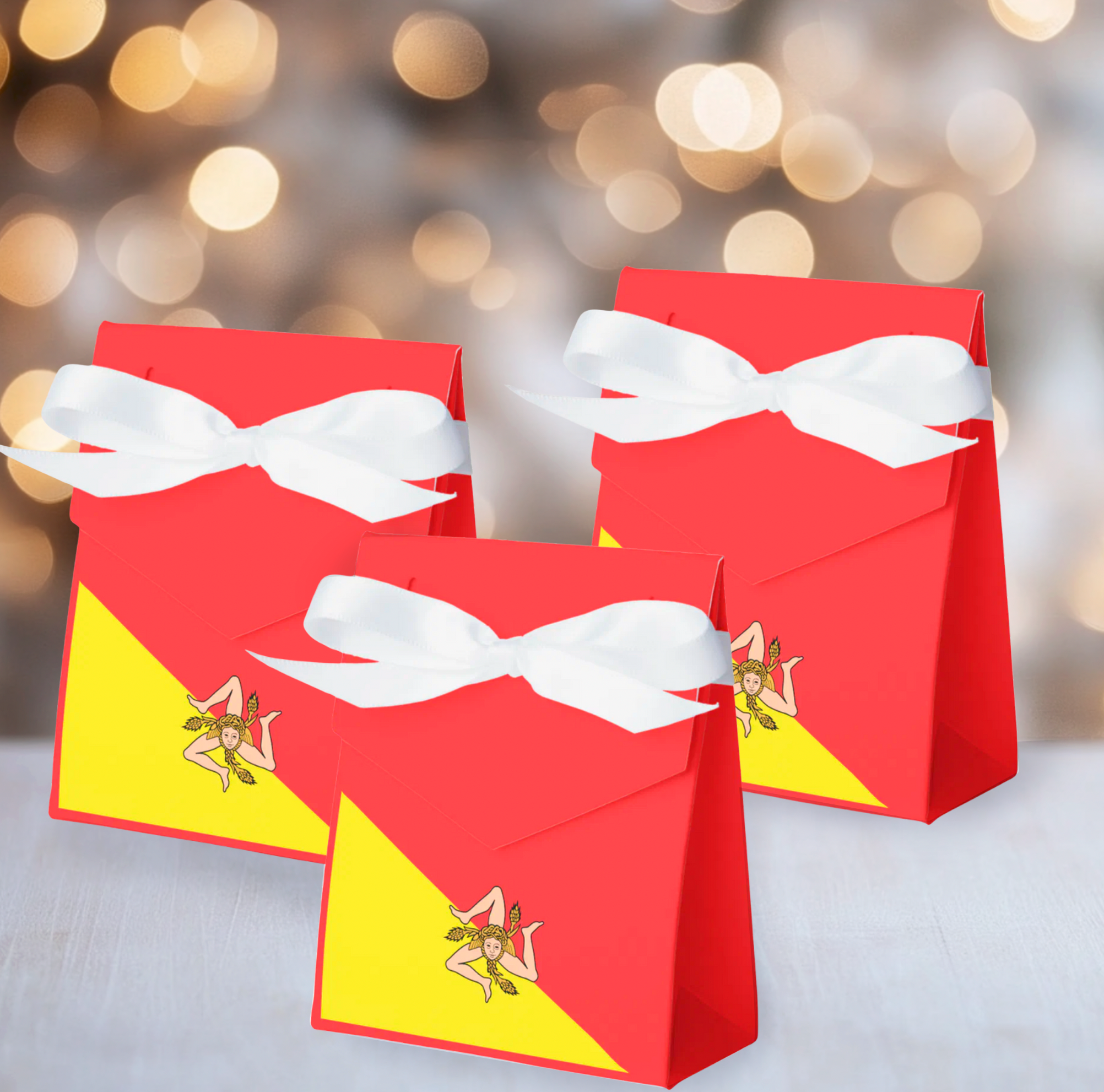 Flag of Sicily tent favor box with white satin ribbon and custom message on back. Sicilian heritage party favors, personalized gift boxes for wedding favors, birthday party, Sicilian club events, baptism, communion, celebration favors.