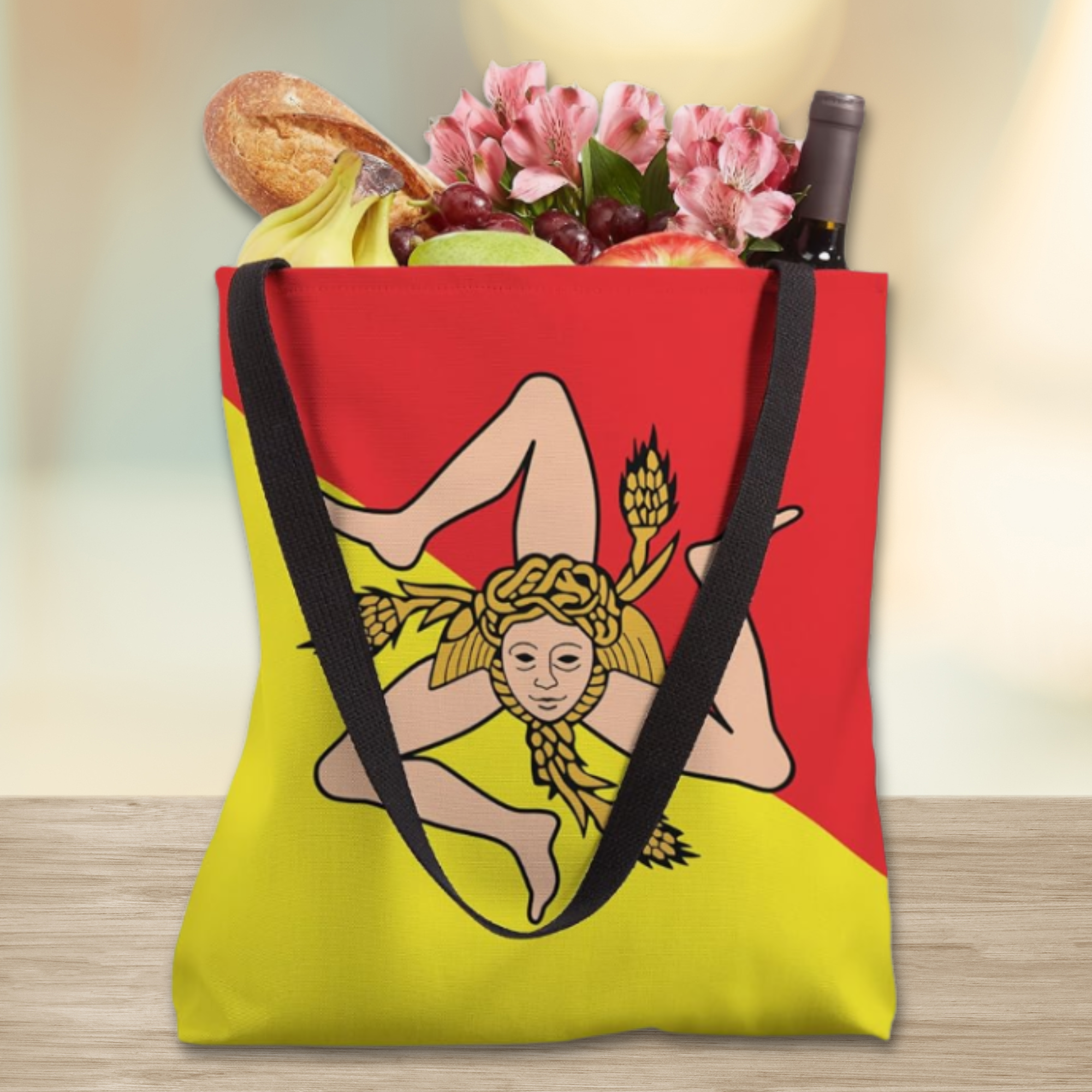 Flag of Sicily tote bag featuring Trinacria. Sicilian heritage gift for her, gift for him, birthday gift, Christmas gift, housewarming gift, travel bag.