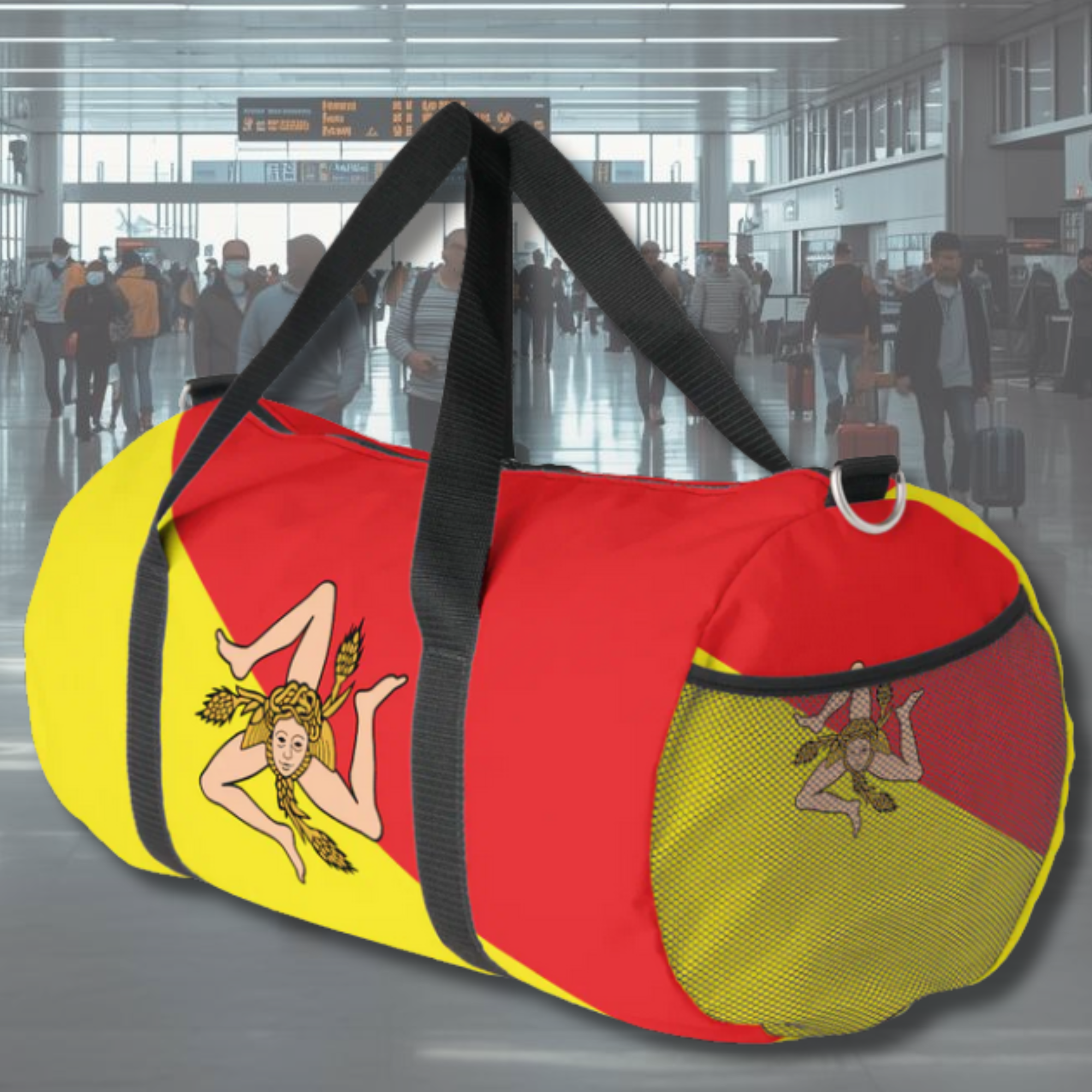 Flag of Sicily duffle bag with Trinacria on all four sides. Sicilian heritage duffle bag, Sicily pride bag, Trinacria duffle, travel bag, gym bag, gift for Sicilian family, gift for him, gift for kids, Sicilian American gift.