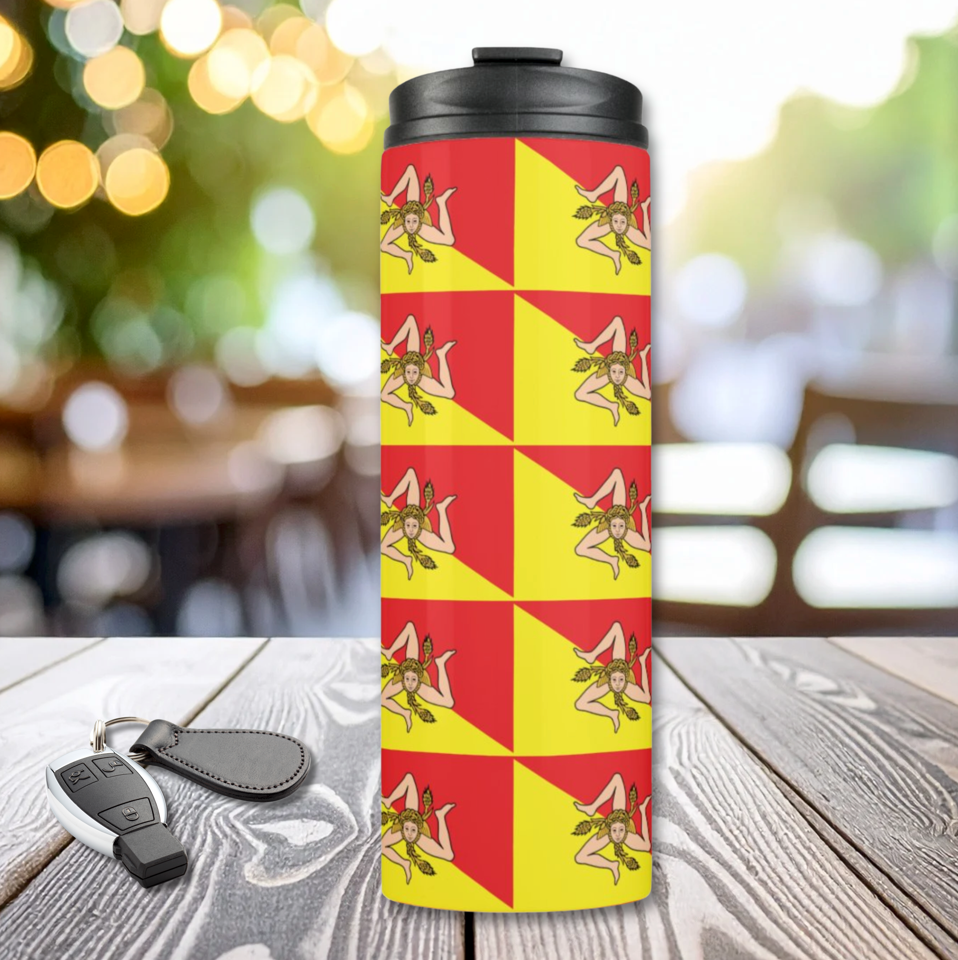 Tumbler with repeating Flag of Sicily pattern featuring Trinacria. Sicilian heritage gift for her, gift for him, birthday gift, Christmas gift, housewarming gift.