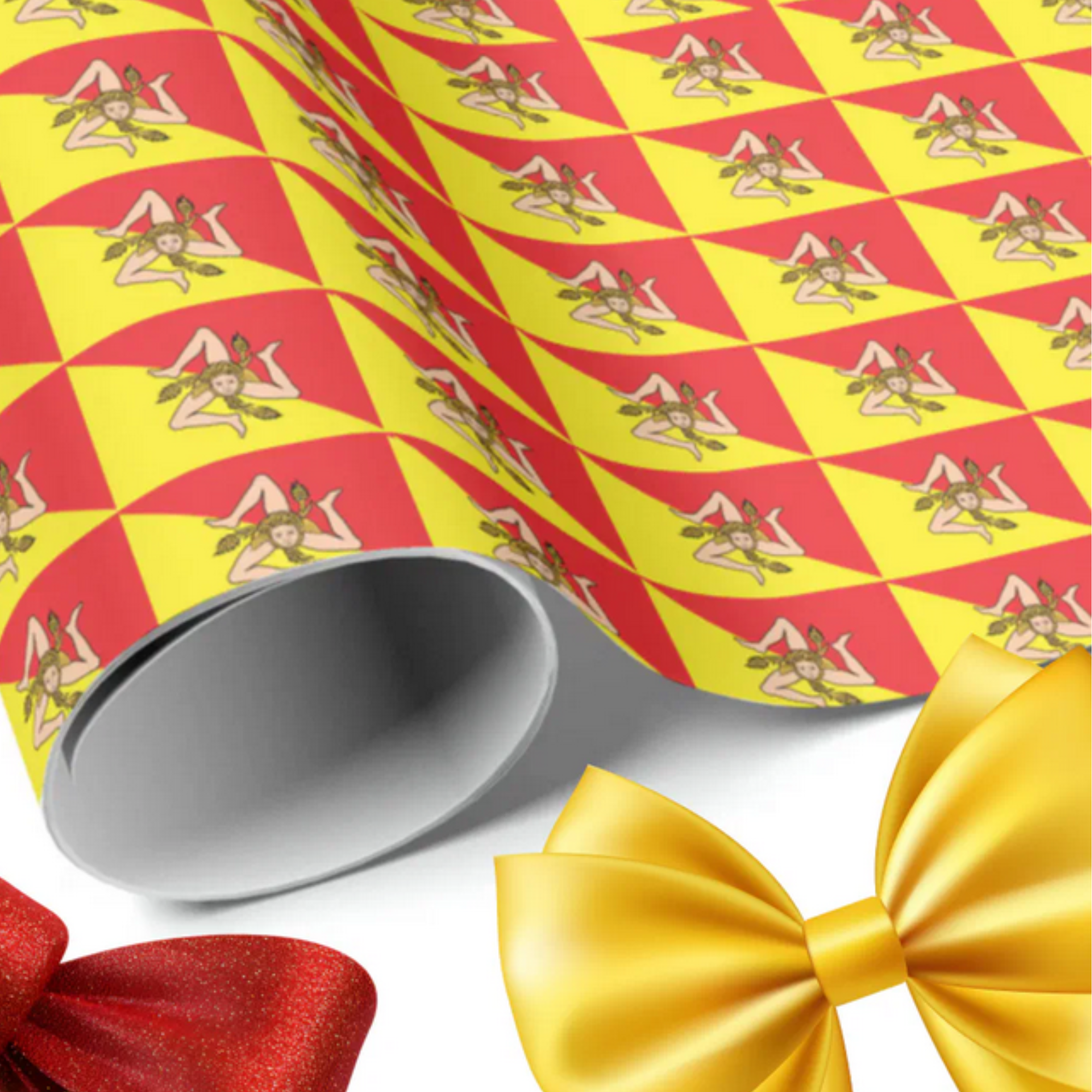 Gift wrapping paper with repeated flag of Sicily pattern. Sicilian heritage gift wrap, Sicily pride wrapping paper, Trinacria pattern gift wrap, Sicilian party supplies, Sicilian wedding gift wrap, bridal shower wrapping paper, Sicilian celebration supplies.