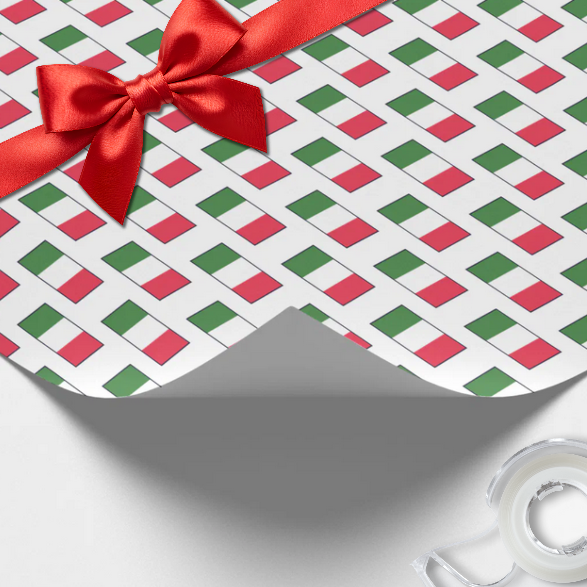 White gift wrapping paper with repeated Italian flags with black outlines in staggered pattern. Italian heritage gift wrap, Italy pride wrapping paper, Italian flag pattern gift wrap, Italian party supplies, Italian wedding gift wrap, bridal shower wrapping paper, Italian celebration supplies.