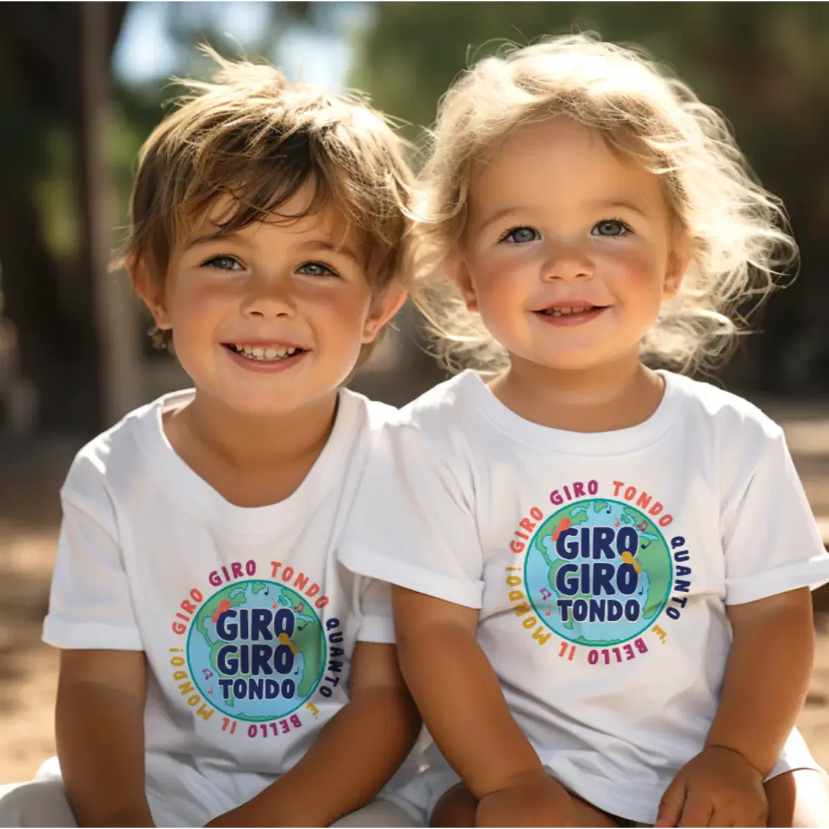 White toddler t-shirt with planet illustration and 'Giro Giro Tondo, Quanto È Bello Il Mondo' (Ring Around the Rosie, How Beautiful the World Is) Italian nursery rhyme text. Italian heritage kids apparel, gift for toddlers, matching sibling shirts, educational gift, custom children's clothing, birthday gift, Christmas gift, and adorable tee celebrating Italian childhood songs and language learning.