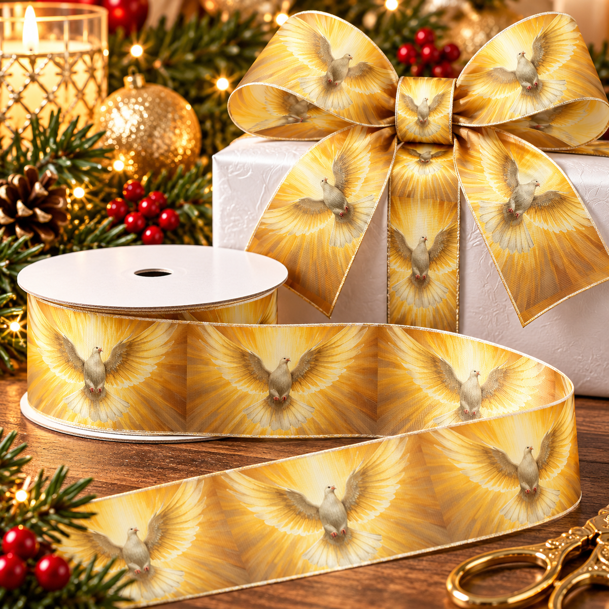 Golden Holy Spirit dove ribbon featuring white doves with radiant wings, perfect for Christian Christmas gifts, baptisms, confirmations and religious celebrations.