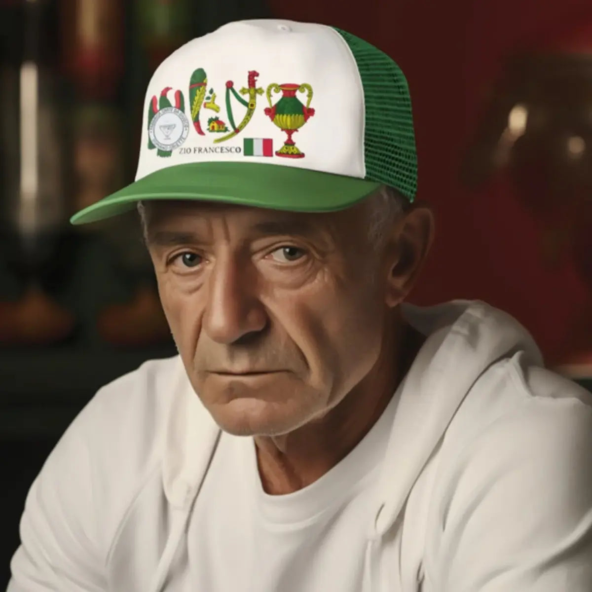 Older man wearing a green and white trucker hat with printed Italian Cards Aces icons and personalization. Heritage gift for dad, gift for him, father's day gift.