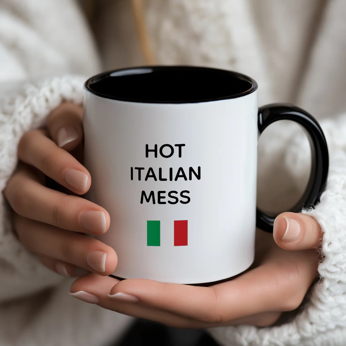 Ceramic mug featuring Hot Italian Mess text with Italian flag design. Perfect Italian heritage gift for her, gift for mom, Christmas gift, or Mother's Day gift for coffee and tea lovers.