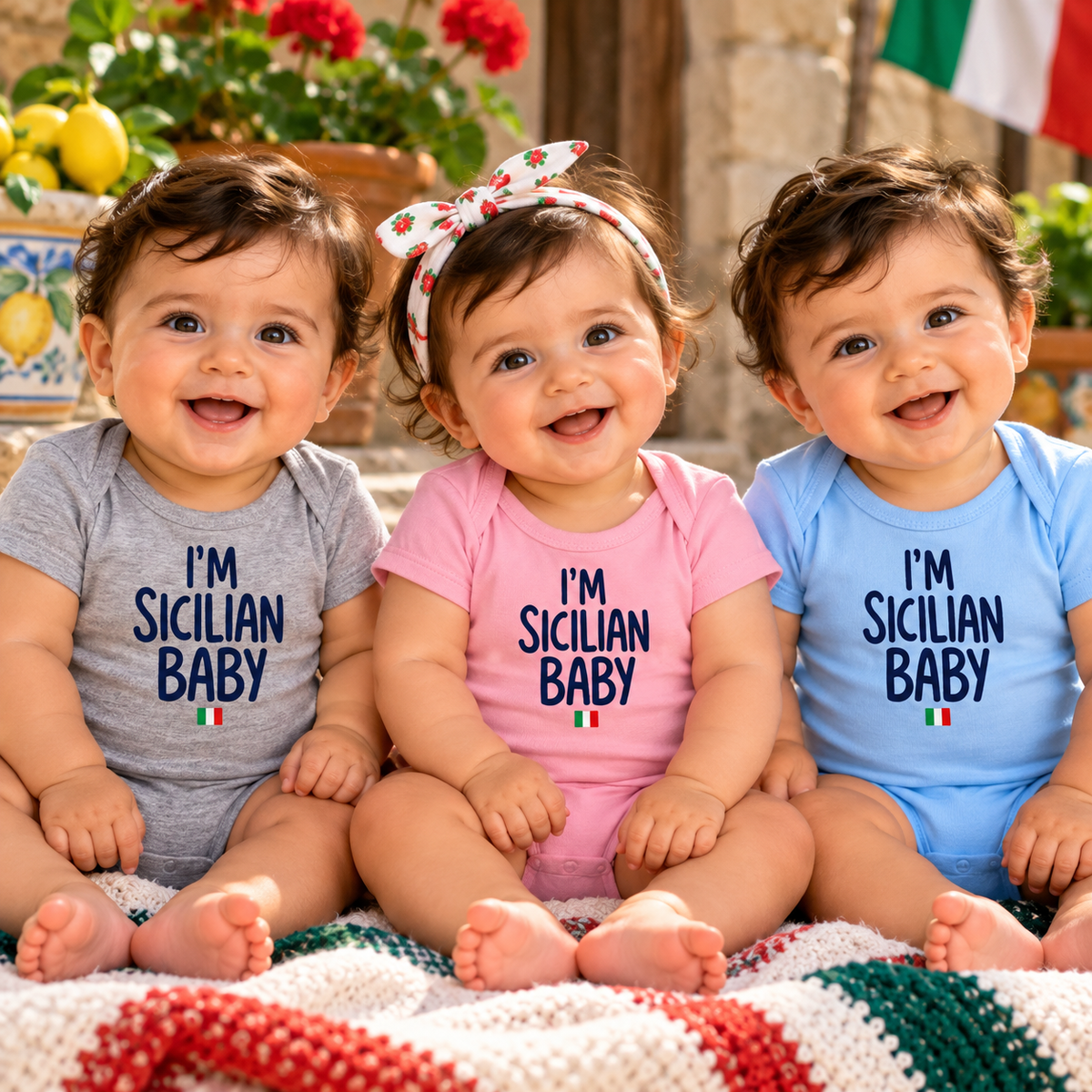 Three adorable smiling babies wearing “I'm Sicilian Baby” bodysuits in gray, pink, and blue with Italian flag details. Cute Sicilian baby shower and newborn gifts.