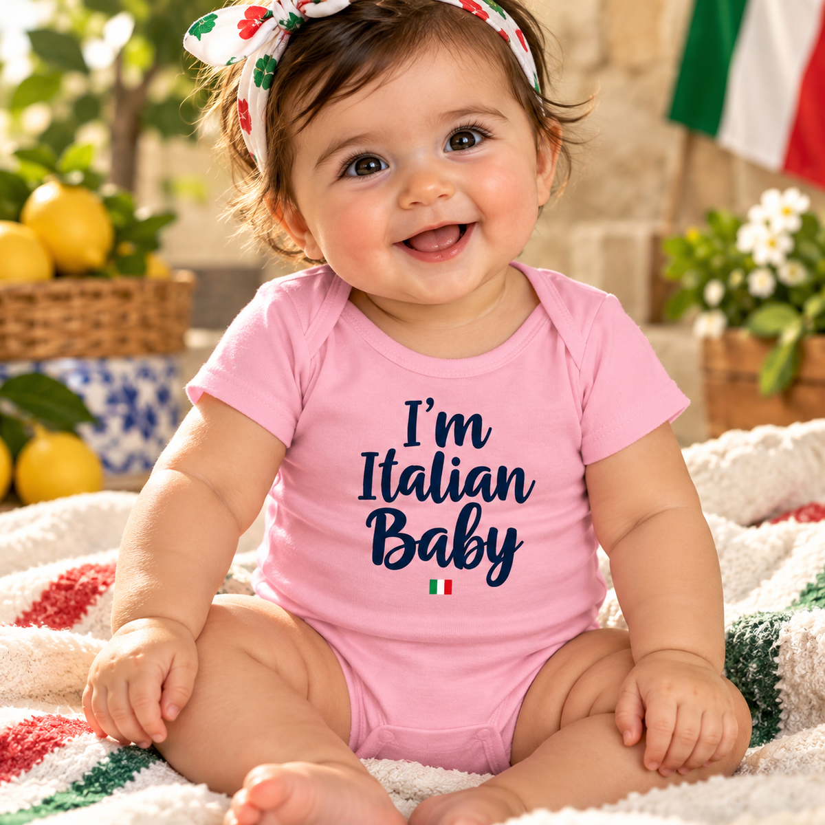 Adorable smiling baby girl wearing a pink “I'm Italian Baby” bodysuit with Italian flag detail, celebrating Italian heritage. A cute Italian baby shower or newborn gift.