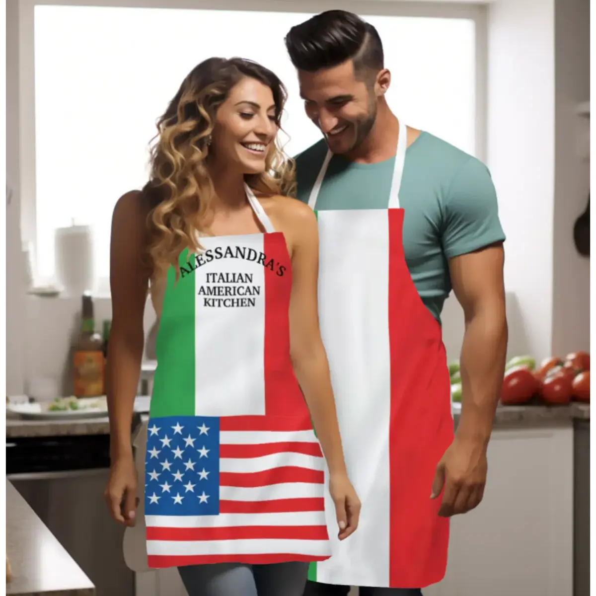 Two people wearing custom wording aprons with Italian and American flag designs in a kitchen. Italian-American heritage gift for her, gift for him.