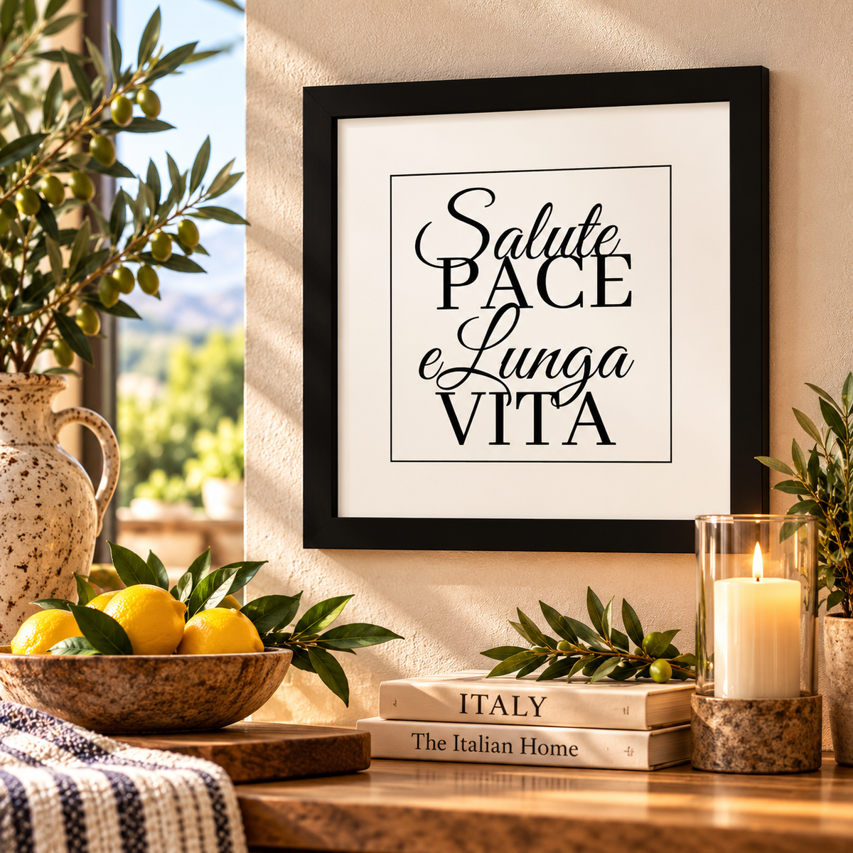 Welcome loved ones to their new home with this elegant “Salute, Pace e Lunga Vita” Italian framed wall art, meaning “Health, Peace and Long Life.” Featuring timeless black-and-white typography in a classic black frame, this meaningful Italian blessing adds warmth and heritage charm to entryways, living rooms and Mediterranean-inspired homes. A thoughtful Italian housewarming gift!