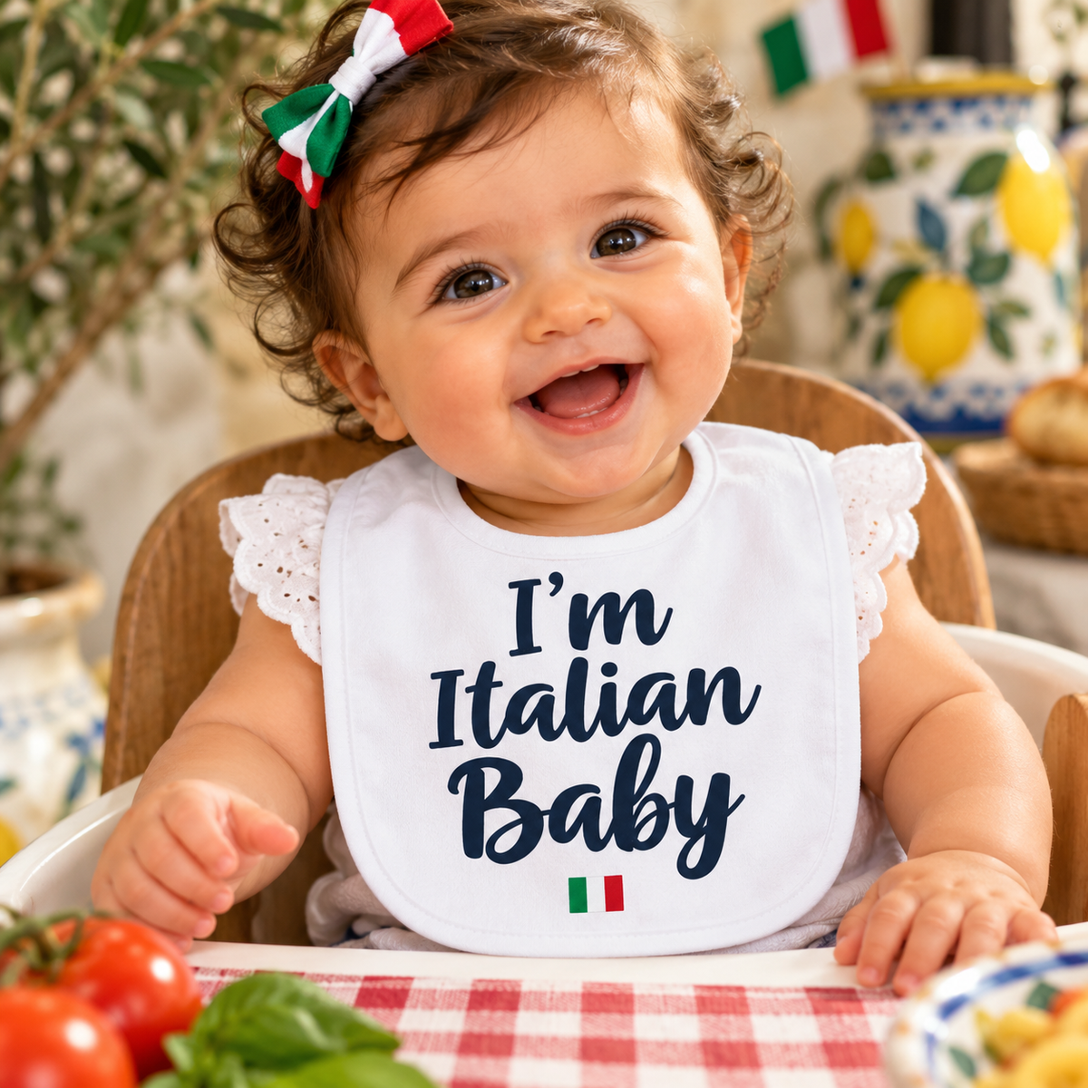 Smiling Italian baby girl wearing a white “I'm Italian Baby” bib with Italian flag, celebrating her Italian heritage.