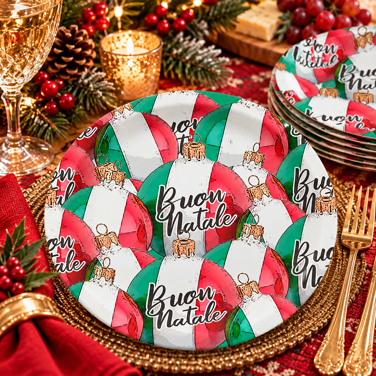 Buon Natale Italian Christmas paper plates with red, white and green ornaments on a festive holiday table.
