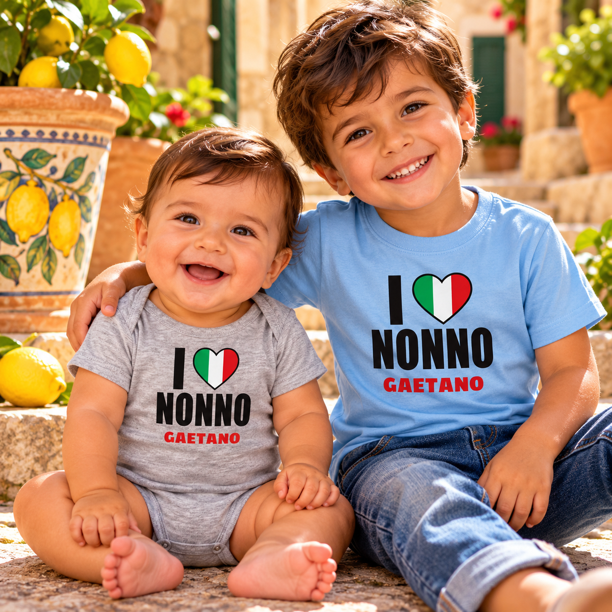 Two brothers in personalized I Love Nonno Gaetano Italian baby bodysuit and toddler T-shirt.