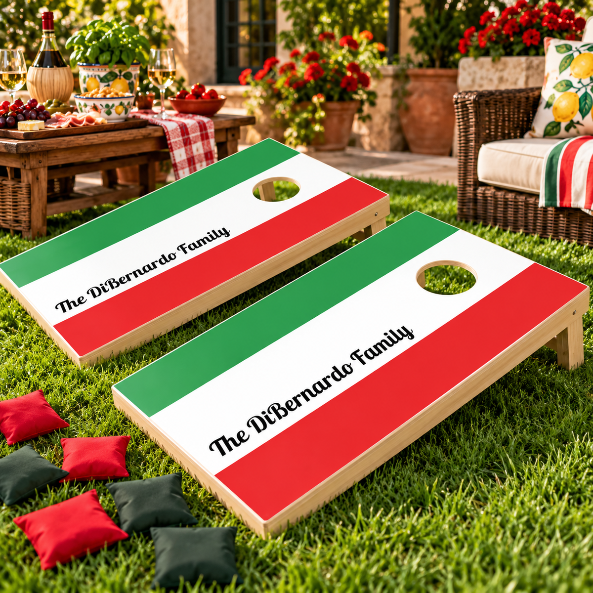 Personalized Italian flag cornhole board set featuring green, white, and red stripes with “The DiBernardo Family” name. Rustic backyard lawn game with matching bean bags, perfect for Italian family reunions, outdoor parties, BBQs, weddings, and Italian heritage celebrations.