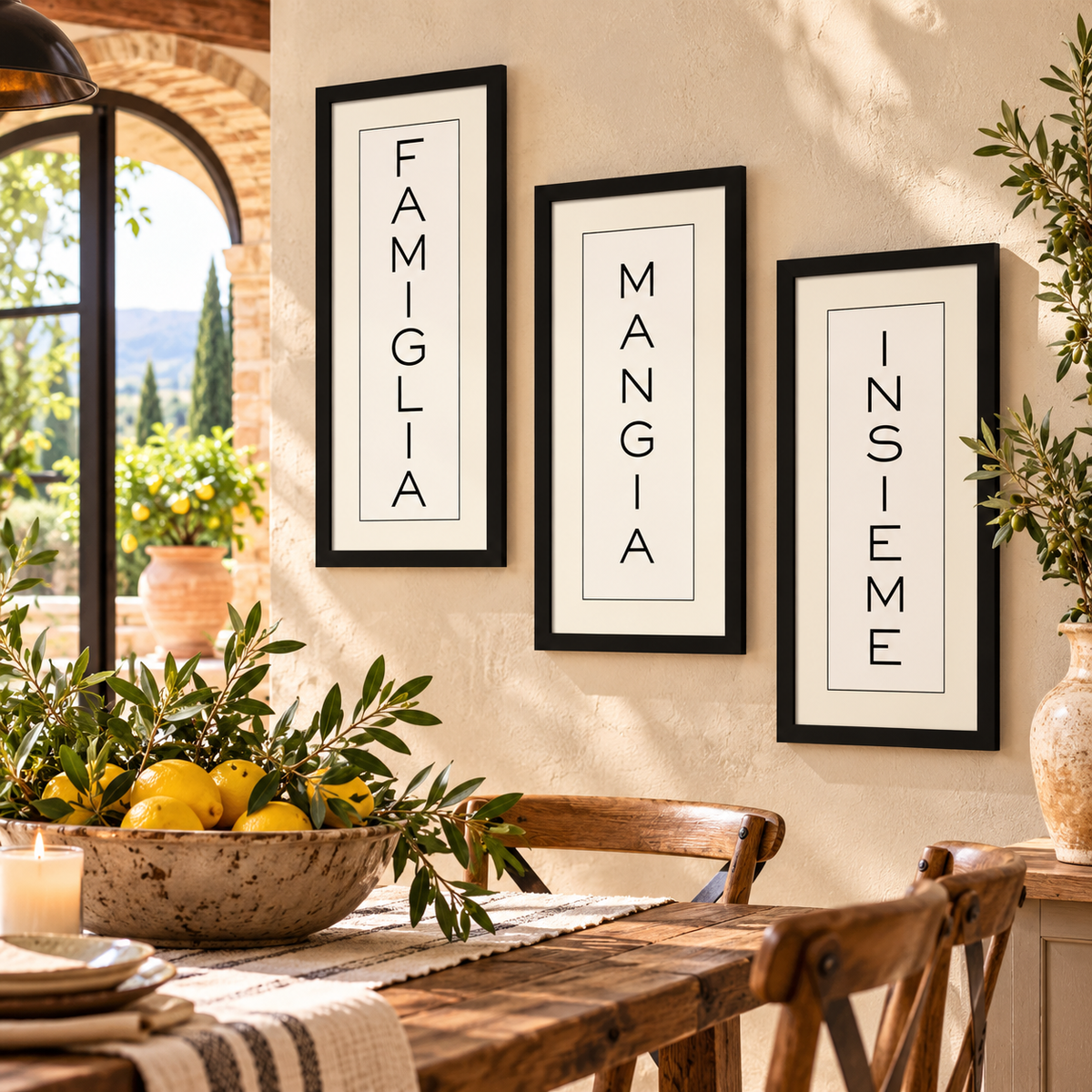 **Famiglia. Mangia. Insieme. — Family Eats Together!** Celebrate the heart of Italian family life with our beautiful Italian-inspired framed wall art! These three meaningful Italian words come together to express a cherished tradition: family gathering around the table to share good food, laughter and love. Featuring elegant black-and-white typography, these timeless prints bring Italian charm to kitchens, dining rooms and Mediterranean-inspired homes. Display each piece separately or combine all three for