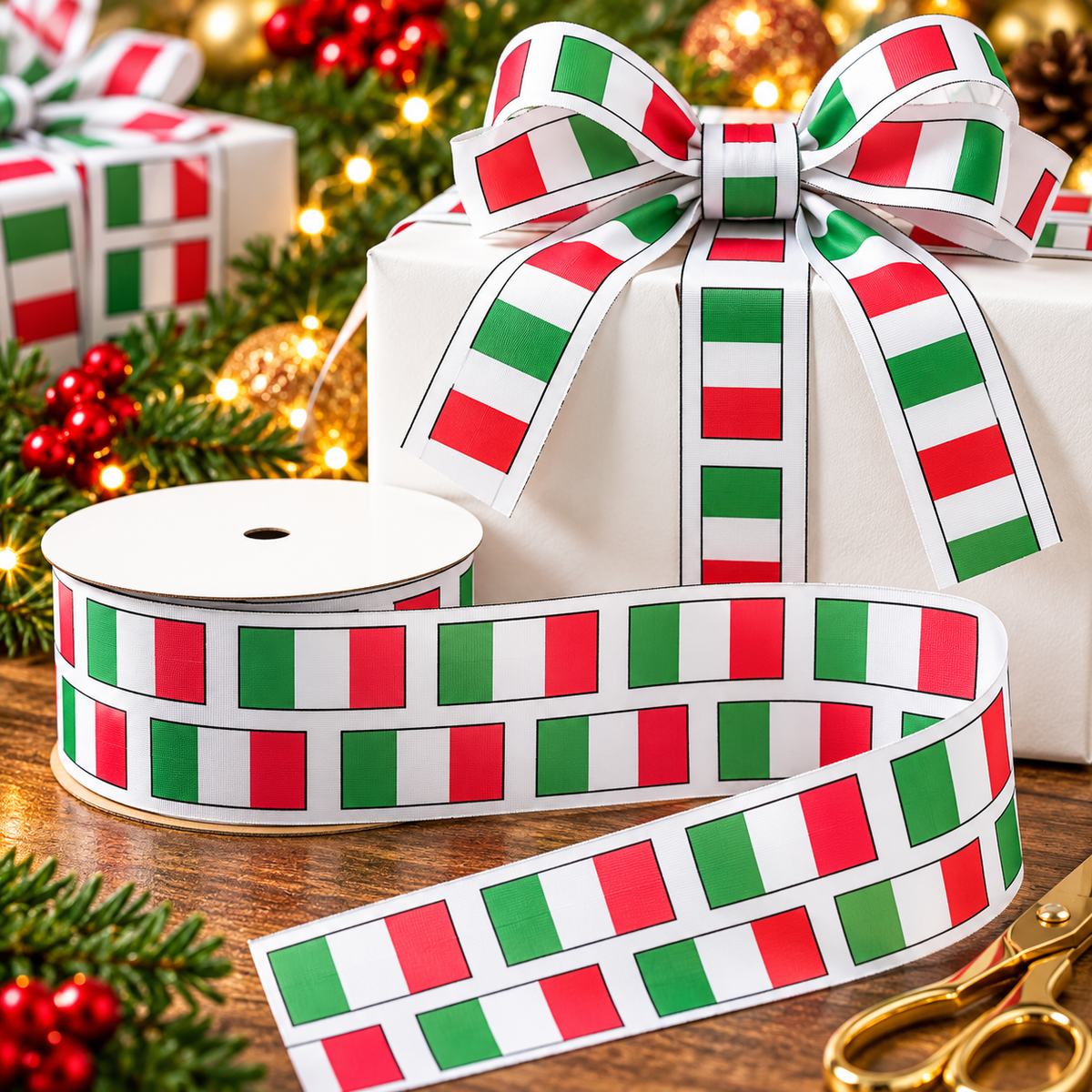 Italian flag ribbon with green, white and red tricolor design on a red Christmas gift, perfect for Italian holiday gift wrapping, weddings and celebrations.