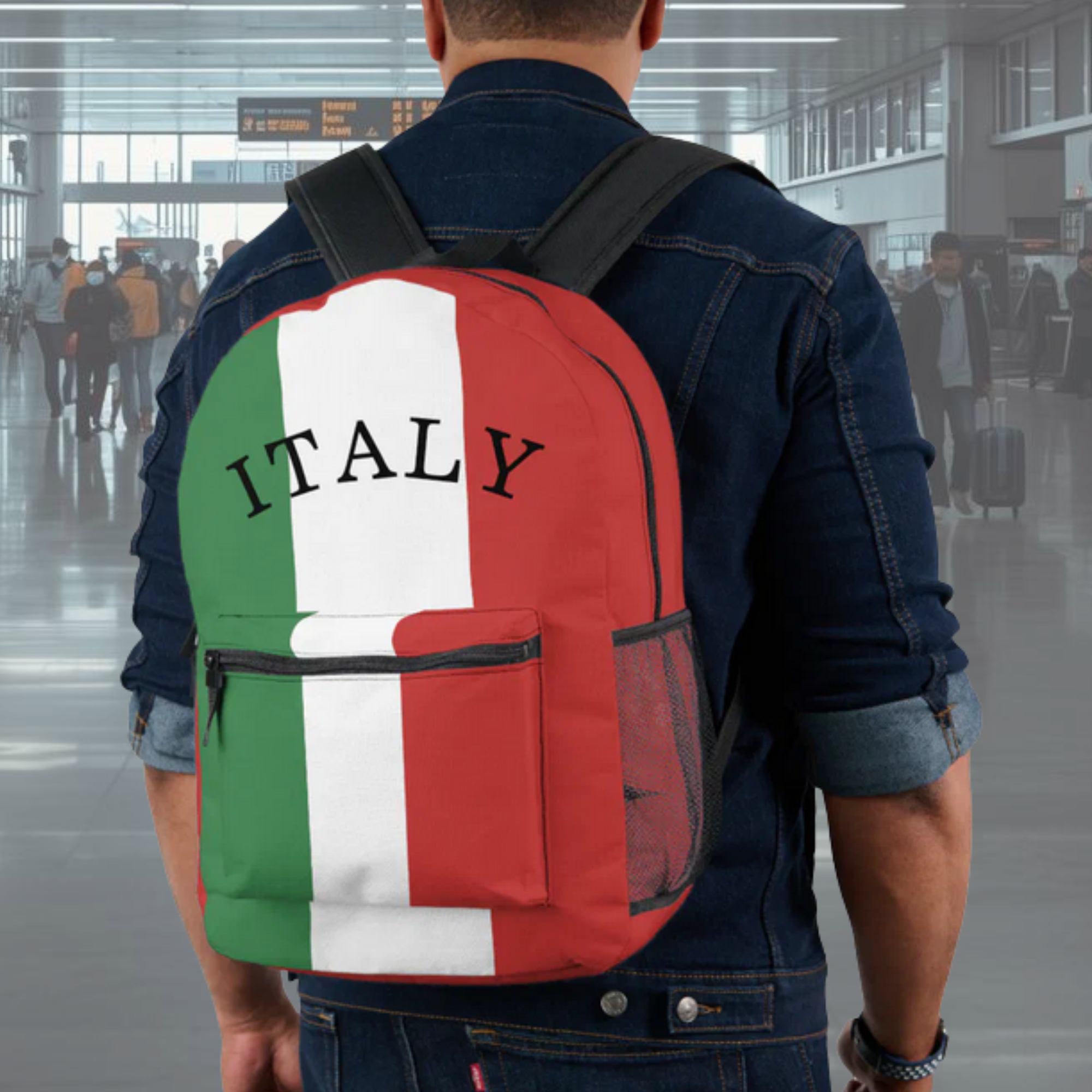 Italian flag backpack with arched Italy or Italia customizable text. Italian heritage backpack, Italy pride bag, personalized Italian gift, gift for Italian family, gift for him, gift for kids, travel backpack, school backpack, Italian American gift.