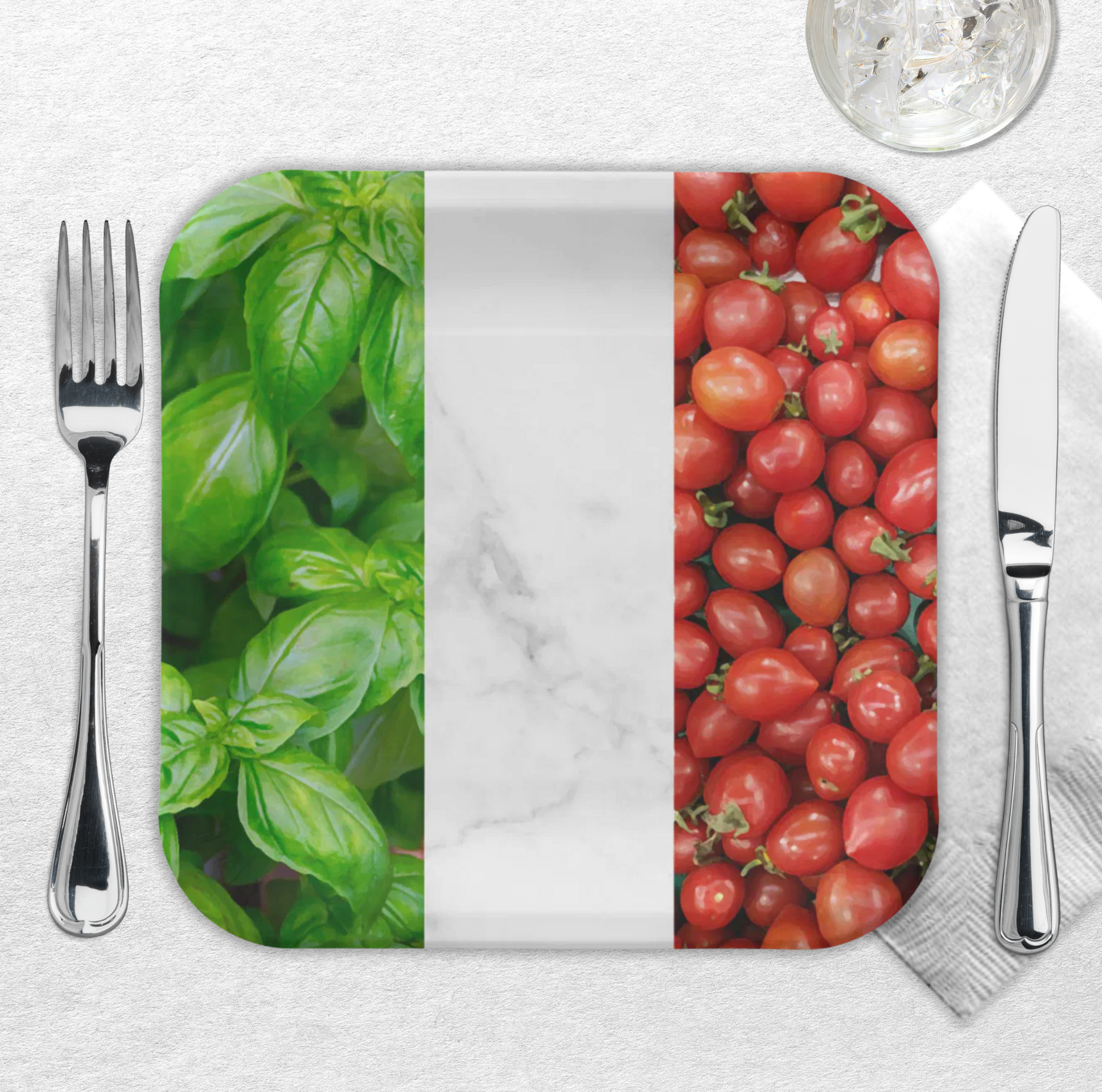 Paper plate with clever Italian flag design made of basil, white marble, and tomatoes. Italian heritage party supplies, disposable plates for Italian themed party, wedding reception, bridal shower, birthday party, family reunion, celebration tableware.
