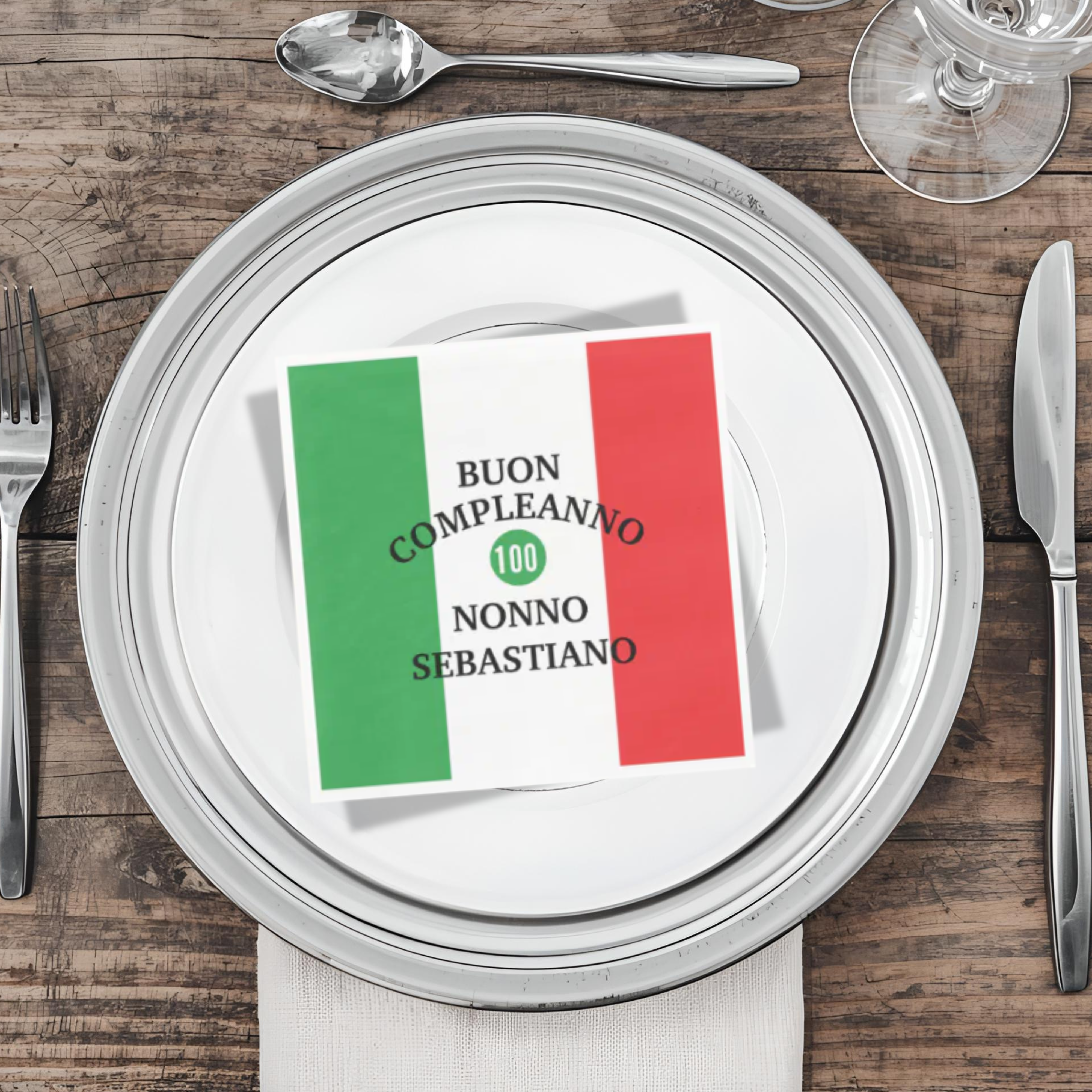 Personalized napkin featuring the Flag of Italy with Buon Compleanno or Anniversario custom text. Italian heritage party favor for birthday celebrations, anniversary dinners, and festive family events.