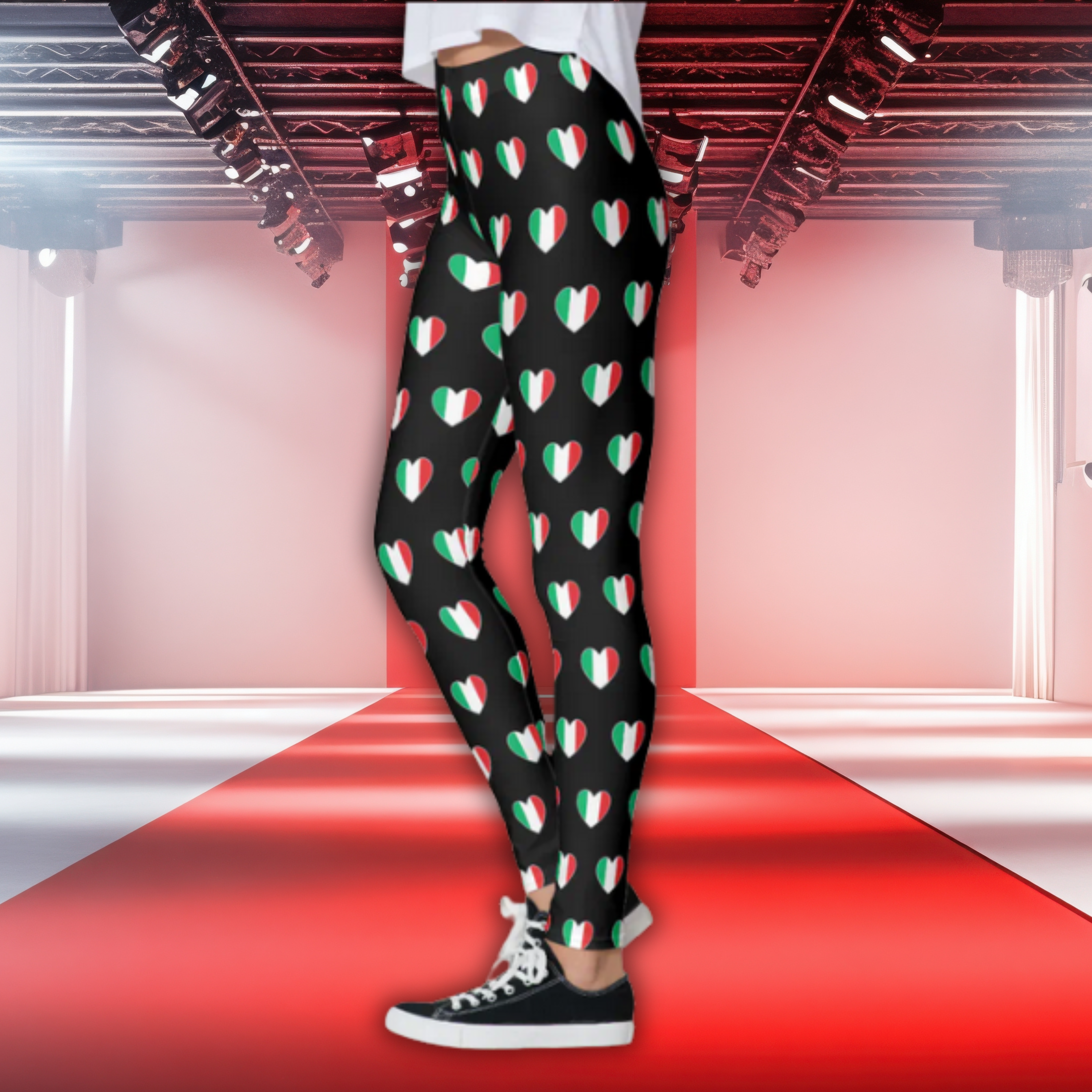 Black leggings with repeating Italian flag hearts pattern. Heritage gift for her, birthday gift, Christmas gift, Valentine's Day gift, activewear gift.