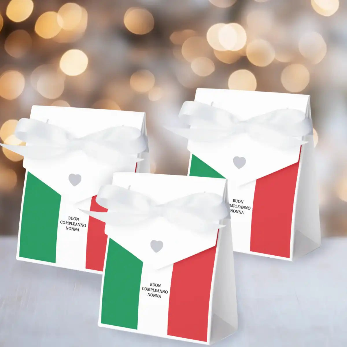 Italian flag tent favor boxes with custom wording, white satin ribbon, and cute grey heart at closure. Italian heritage party favors, personalized gift boxes for wedding favors, birthday party, Italian club events, baptism, communion, celebration favors.