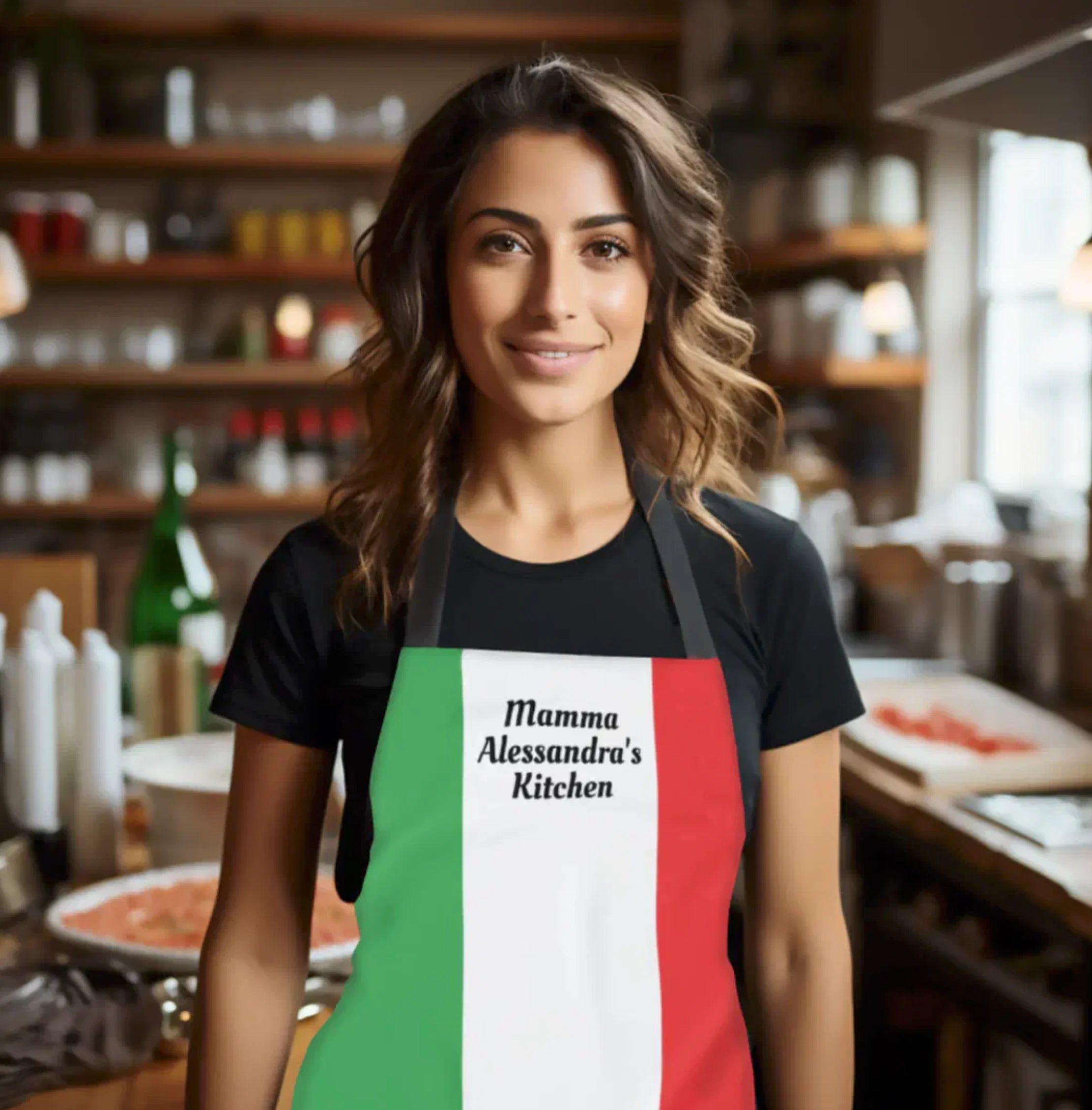 Kitchen Apron with allover Italian flag with personalized wording for housewarming gift or gift for cooks.