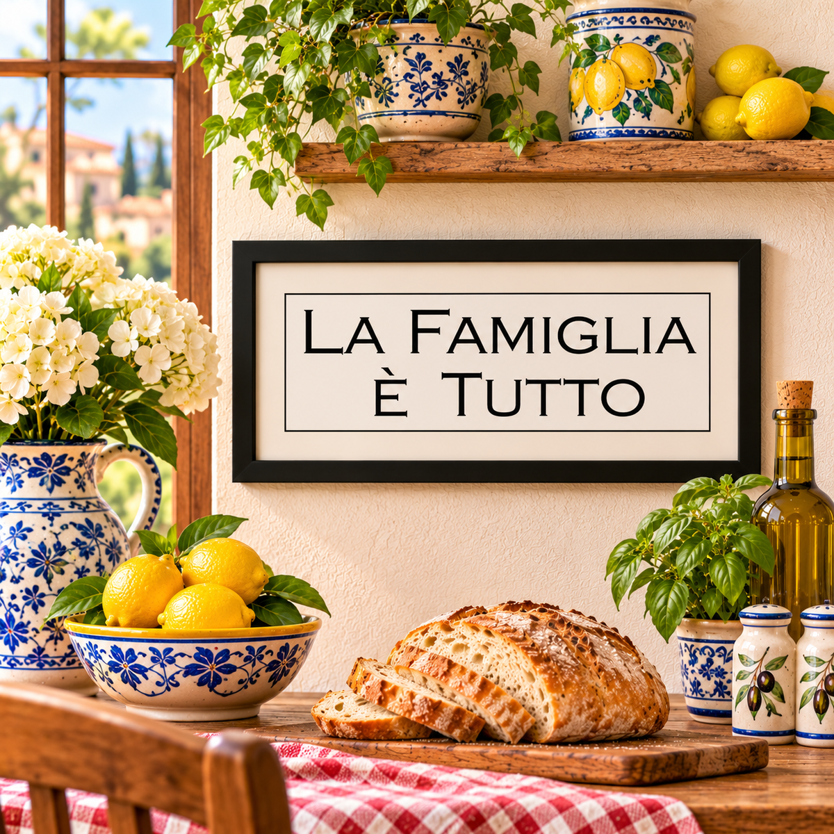 Celebrate what matters most with our elegant “La Famiglia è Tutto” Italian framed wall art, meaning “Family Is Everything!” Featuring timeless black-and-white typography, this heartfelt Italian saying brings warmth, love and heritage to kitchens, dining rooms and family gathering spaces. Beautifully displayed in a sunlit Tuscan-inspired kitchen, it makes a meaningful housewarming, wedding, Mother's Day or Christmas gift for Italian and Sicilian families who know that nothing is more precious than *la famigl
