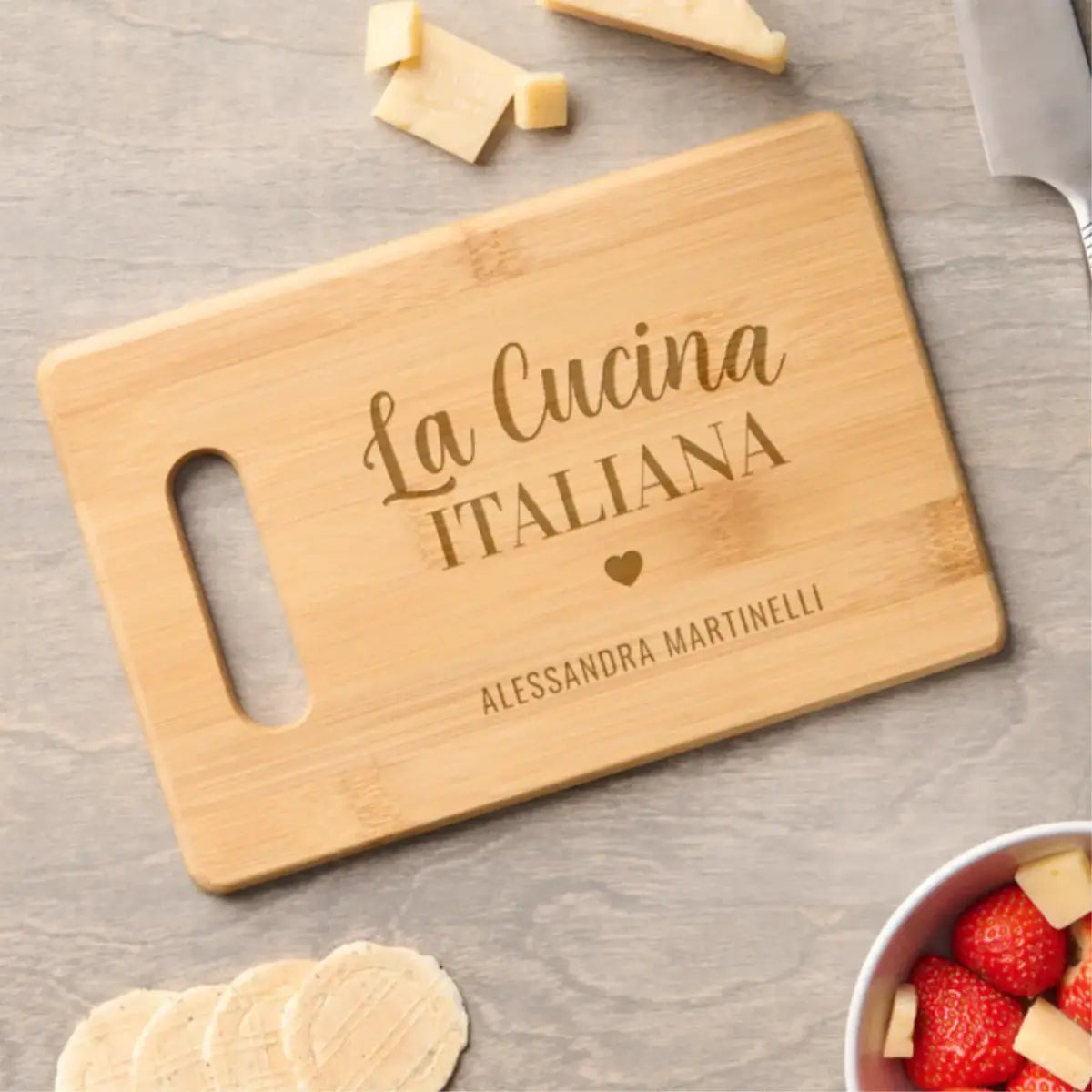 Personalized La Cucina Italiana etched cutting board, Italian heritage kitchen decor. Custom name cutting board, housewarming gift, wedding gift, gift for chef, gift for her, gift for him.