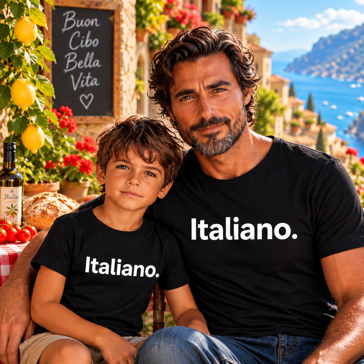 A man and a boy wearing matching black t-shirts with the word 'Italiano.' printed in white across the chest
