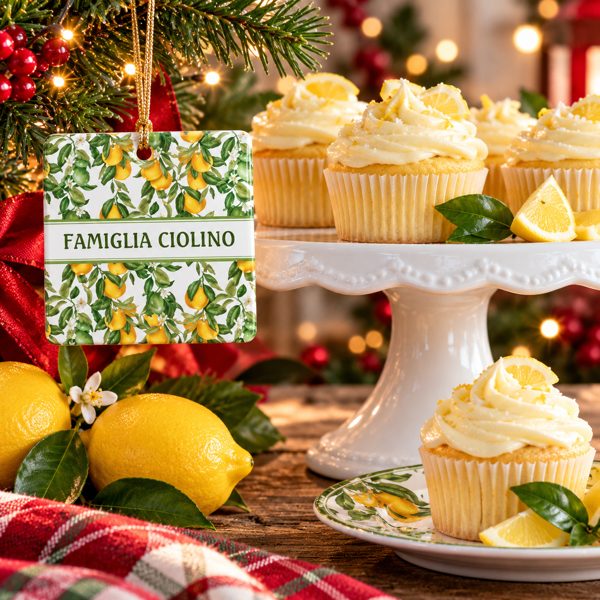 Personalized Famiglia (Last Name) Italian lemon ceramic ornament beside lemon cupcakes in a festive Christmas scene.
