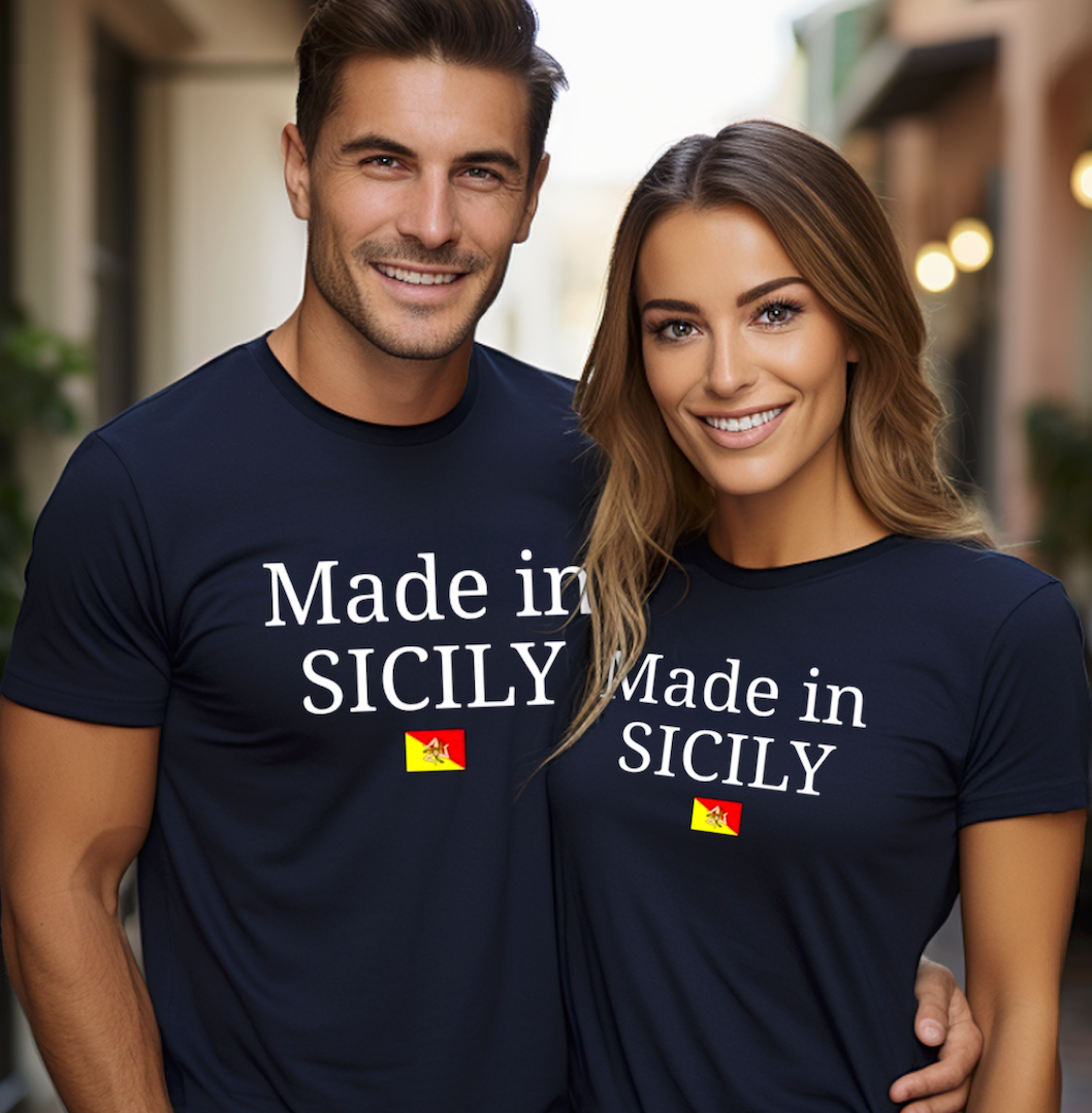 Man and woman wearing Made in Sicily t-shirts with Sicilian flag design - Italian pride heritage apparel gift