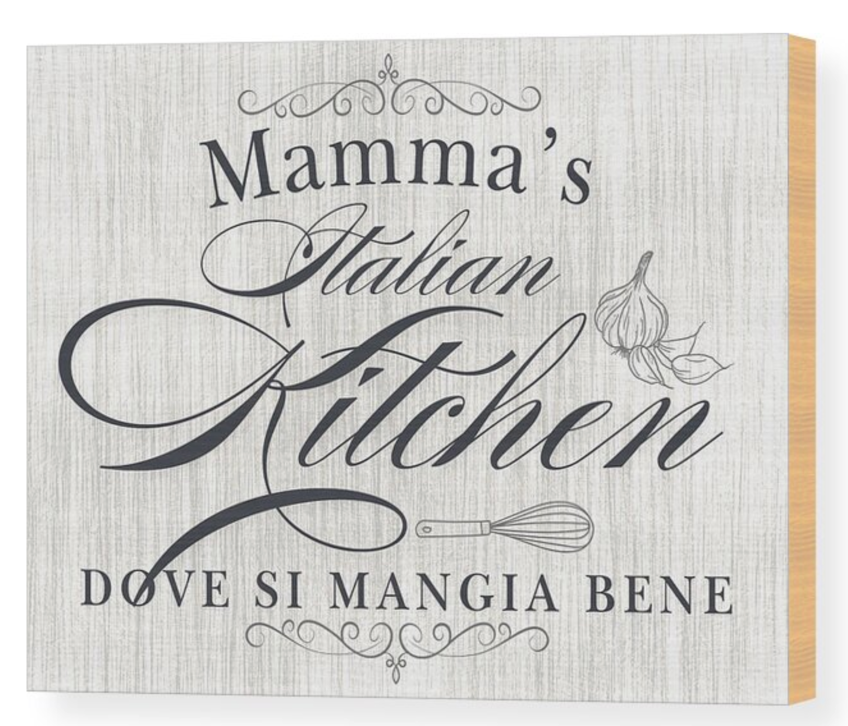 Wall art featuring Mamma's Italian Kitchen dove si mangia bene (where one eats well) in elegant typography, printed on wood with light grey faux wood texture background and whisk and garlic illustration accents, customizable format style. Italian heritage kitchen wall decor, restaurant wall art, cafe decor, farmhouse kitchen decor, culinary wall art, housewarming gift, gift for Italian family, gift for her.
