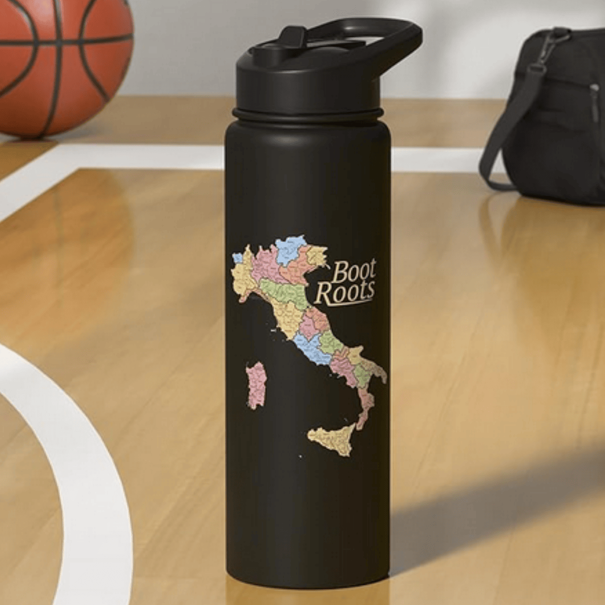 Black water bottle with colorful Italy map design and 'Boot Roots' text - Italian heritage travel gift