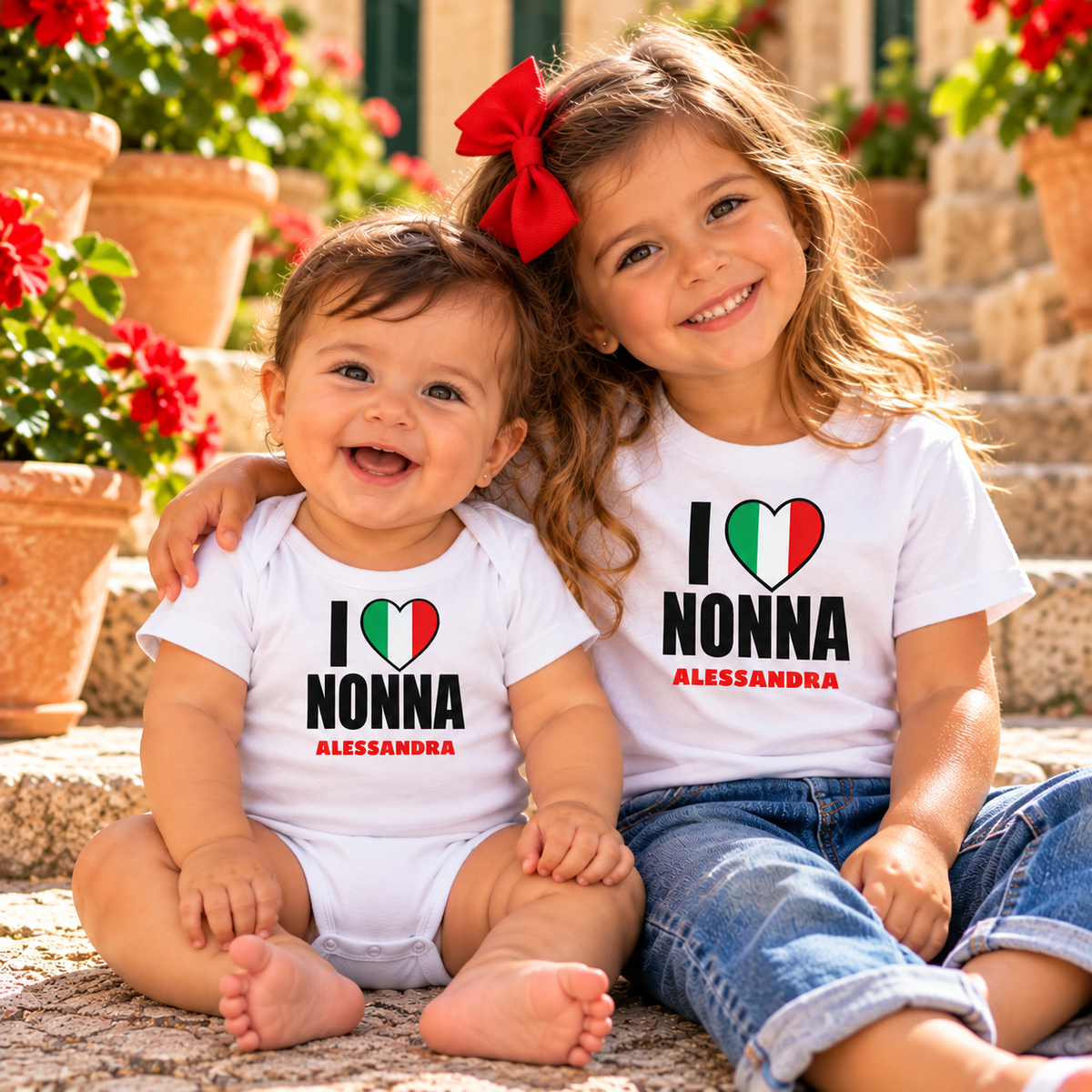 Baby boy and toddler sister in matching personalized I Love Nonna Alessandra Italian heritage outfits.