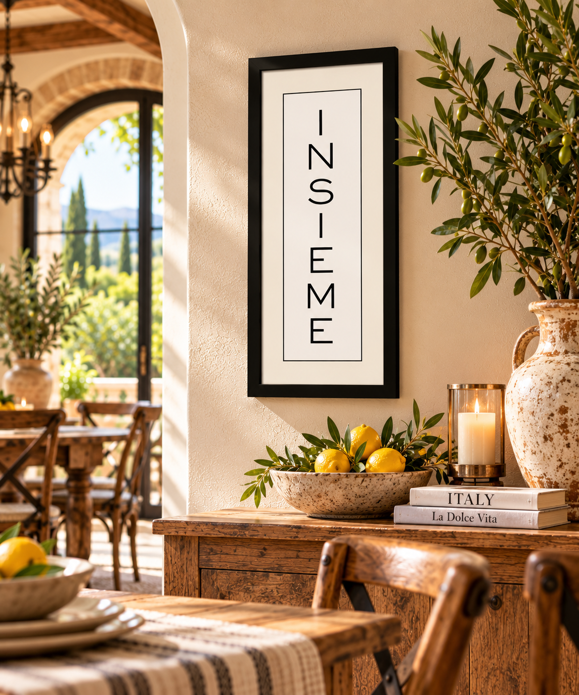 Celebrate togetherness with this elegant “Insieme” framed Italian wall art, meaning “Together” in Italian! Featuring timeless black-and-white vertical typography, this beautiful print adds warmth and Italian heritage charm to kitchens, dining rooms and Mediterranean-inspired homes. A meaningful gift for Italian families, housewarmings and weddings. Pair with our matching “Famiglia” and “Mangia” prints to create a beautiful “Family Eats Together” gallery wall!