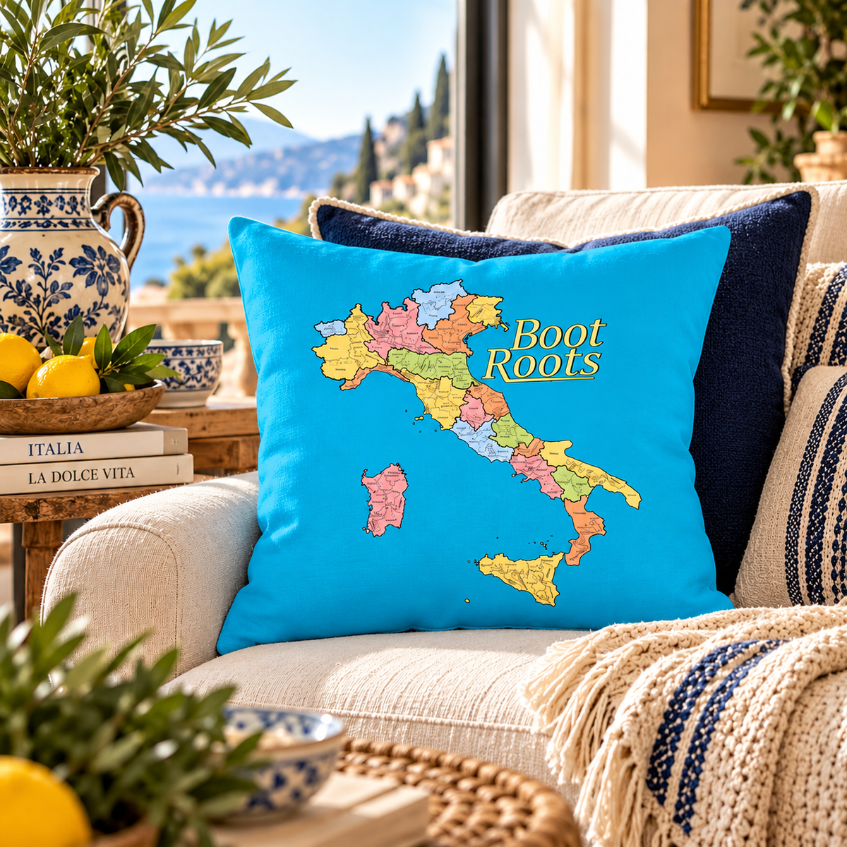 Celebrate your Italian and Sicilian heritage with our colorful “Boot Roots” decorative throw pillow! Featuring a vibrant turquoise blue background, a beautifully detailed vintage-style map of Italy and Sicily, and elegant gold lettering, this eye-catching accent pillow brings Mediterranean charm to any living room. Beautifully styled on a cream sofa with navy accents, it's a thoughtful housewarming, birthday or Christmas gift for proud Italian families, ancestry lovers and anyone whose roots run deep in the