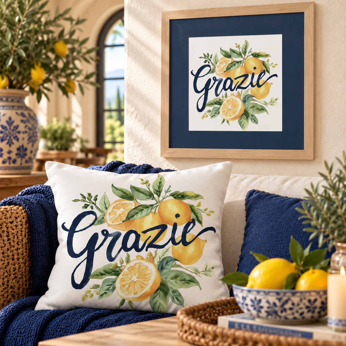Create a beautiful Mediterranean-inspired space with our coordinating “Grazie” lemon watercolor throw pillow and framed wall art! Featuring sunny citrus, lush green leaves and elegant navy Italian script, these matching home decor accents bring warmth and Italian charm to living rooms, kitchens and dining areas. Display together for a coordinated look or gift separately to someone special!