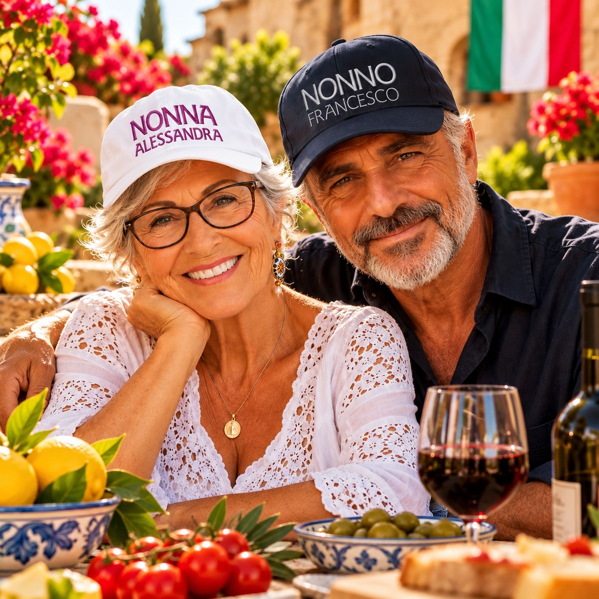 Italian Nonna and Nonno wearing personalized embroidered baseball hats with names, celebrating Italian family heritage.