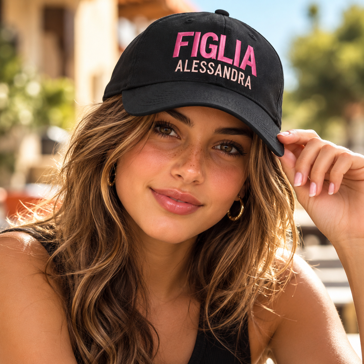 Personalized black FIGLIA Italian daughter baseball cap with pink lettering and custom name, Alessandra.