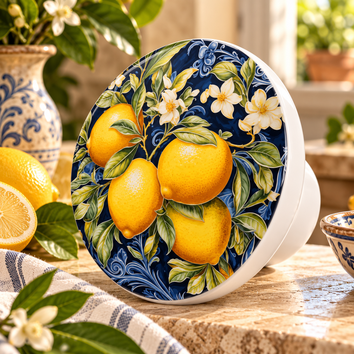Ornate Lemon Navy Ceramic Cabinet Knob with Vintage Mediterranean Botanical Design