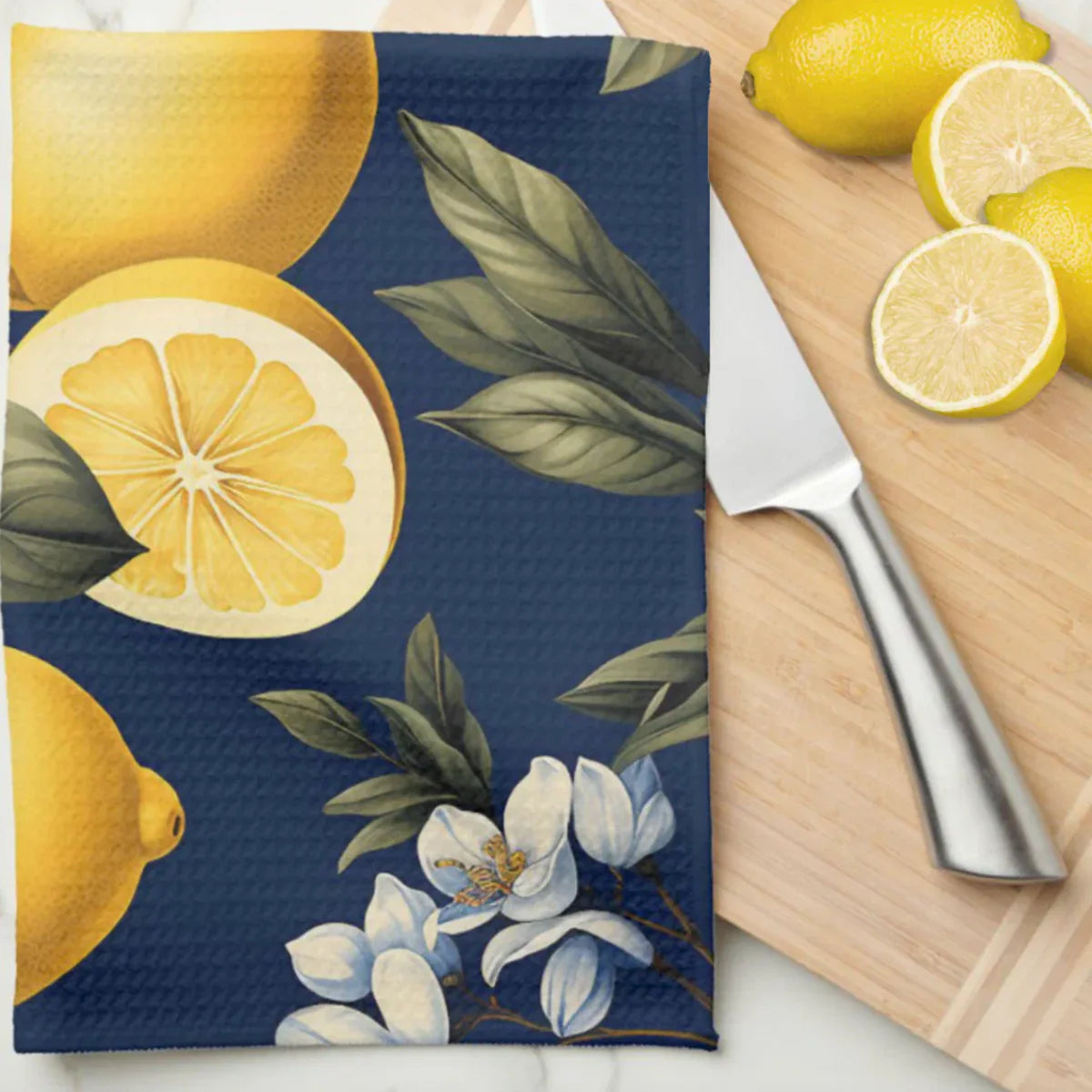 Mediterranean Lemons on Navy Ktichen Towel, Italian Sicilian Kitchen decor accent gift for her, gift for him, bridal shower gift, gift for bride, gift for mom, gift for grandmother, mother's day gift.