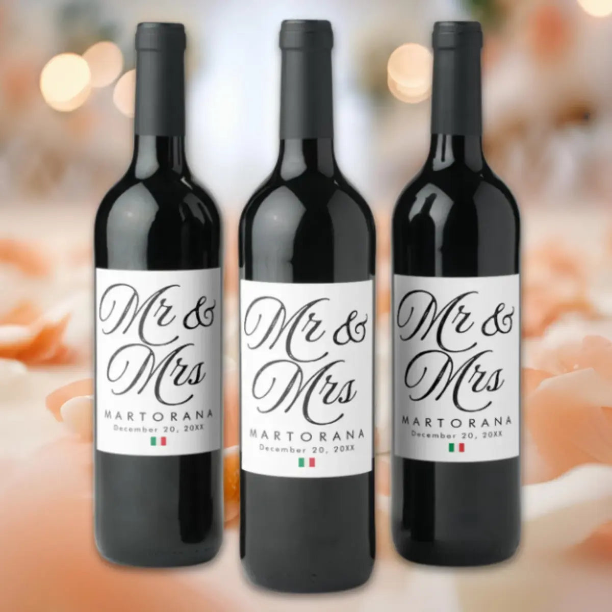 Wine bottle labels with Mr and Mrs script personalized last name and wedding anniversary or engagement date with flag of Italy accent - Italian celebration table decor
