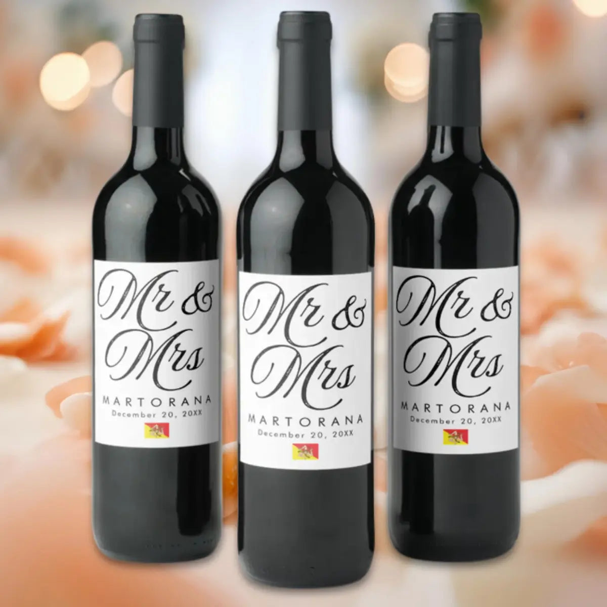Wine bottle labels with Mr and Mrs script personalized last name and wedding anniversary or engagement date with Sicily flag accent - Sicilian celebration table decor