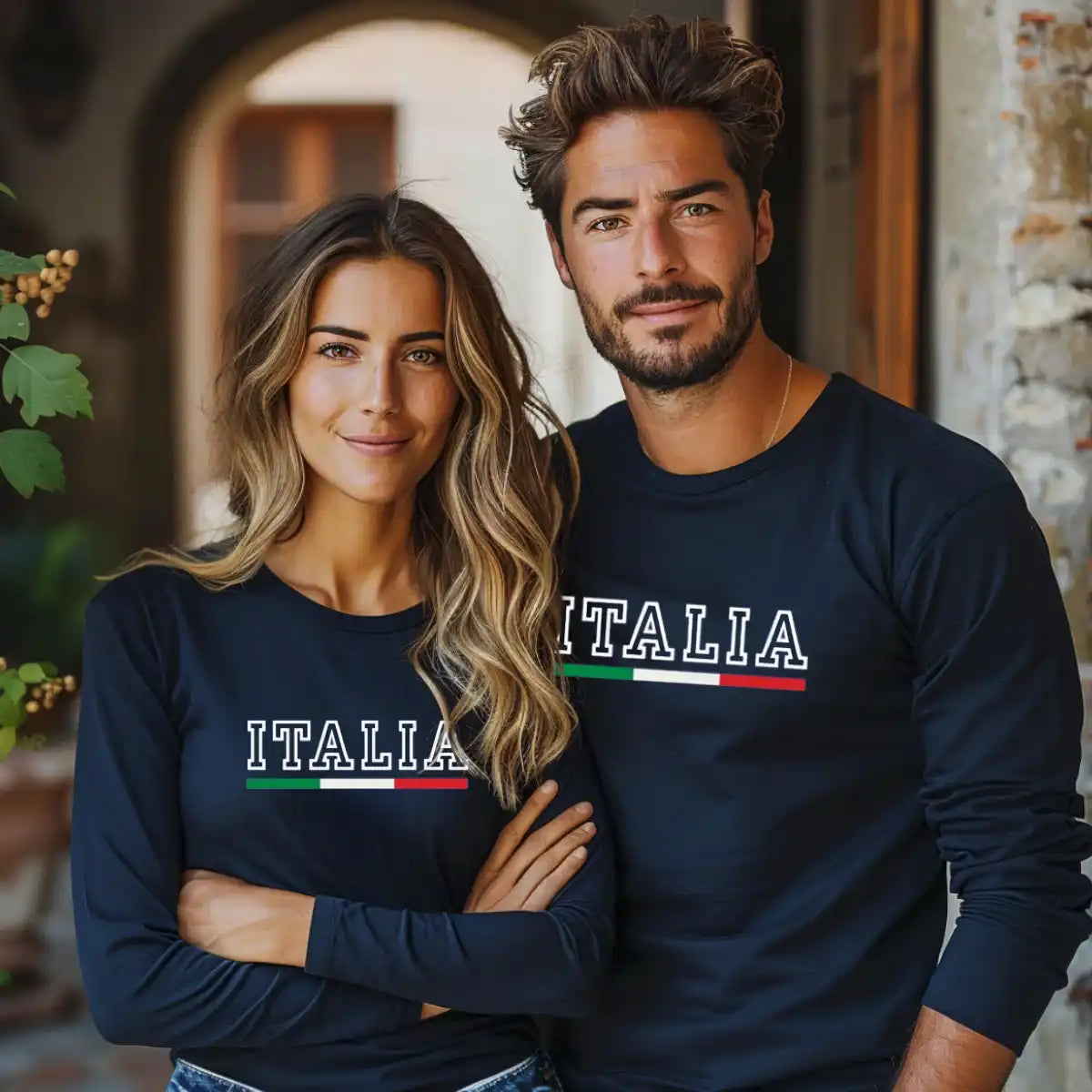 Navy unisex long sleeve Italia Athletic font and Italian Flag. Sporty gift for him, gift for her.