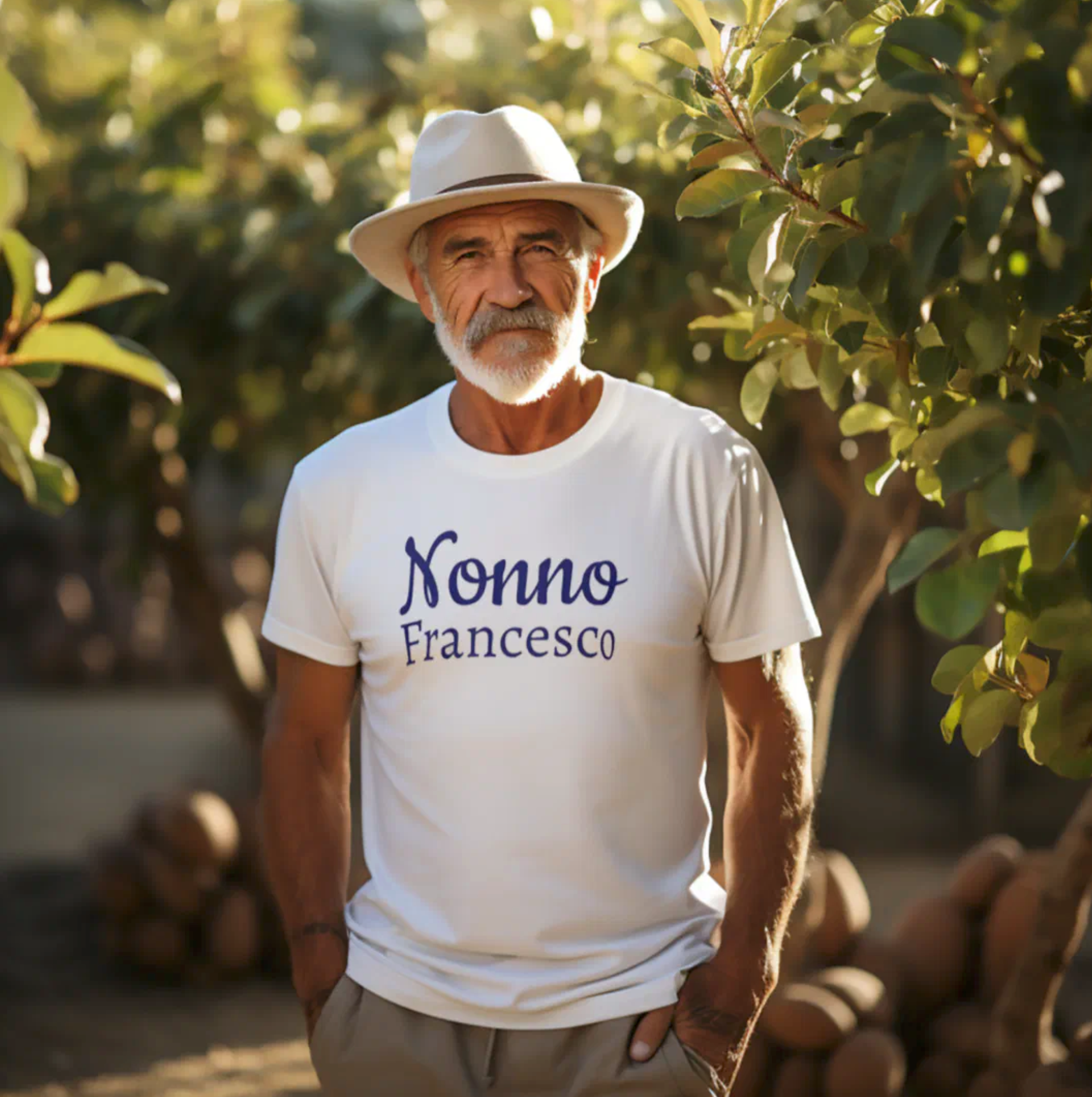 Man wearing a white t-shirt with 'Nonno Francesco' printed on it, standing outdoors. Personalized heritage gift for grandfather, gift for grandpa, birthday gift for grandfather, Christmas gift for grandfather, Father's Day gift.
