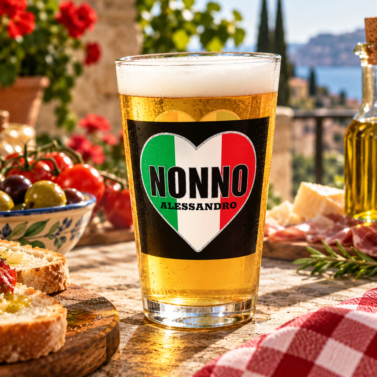 Personalized Nonno Italian Beer Glass with Custom Name and Italian Flag Heart