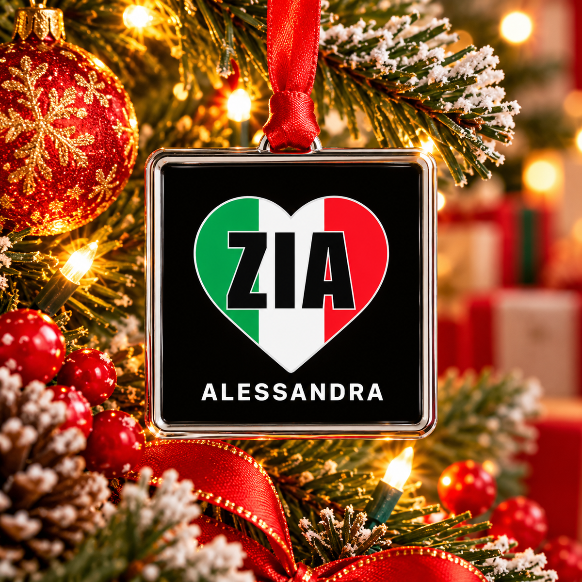 Personalized Zia Alessandra Italian Christmas ornament with tricolor heart hanging on a festive tree.