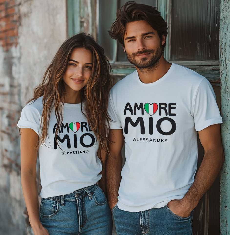 Personalized Amore Mio couples white t-shirts with Italian flag heart design where O in Amore doubles as heart and dot in Mio. Italian heritage gift for couples, anniversary gift, Valentine's Day gift, engagement gift, wedding gift.
