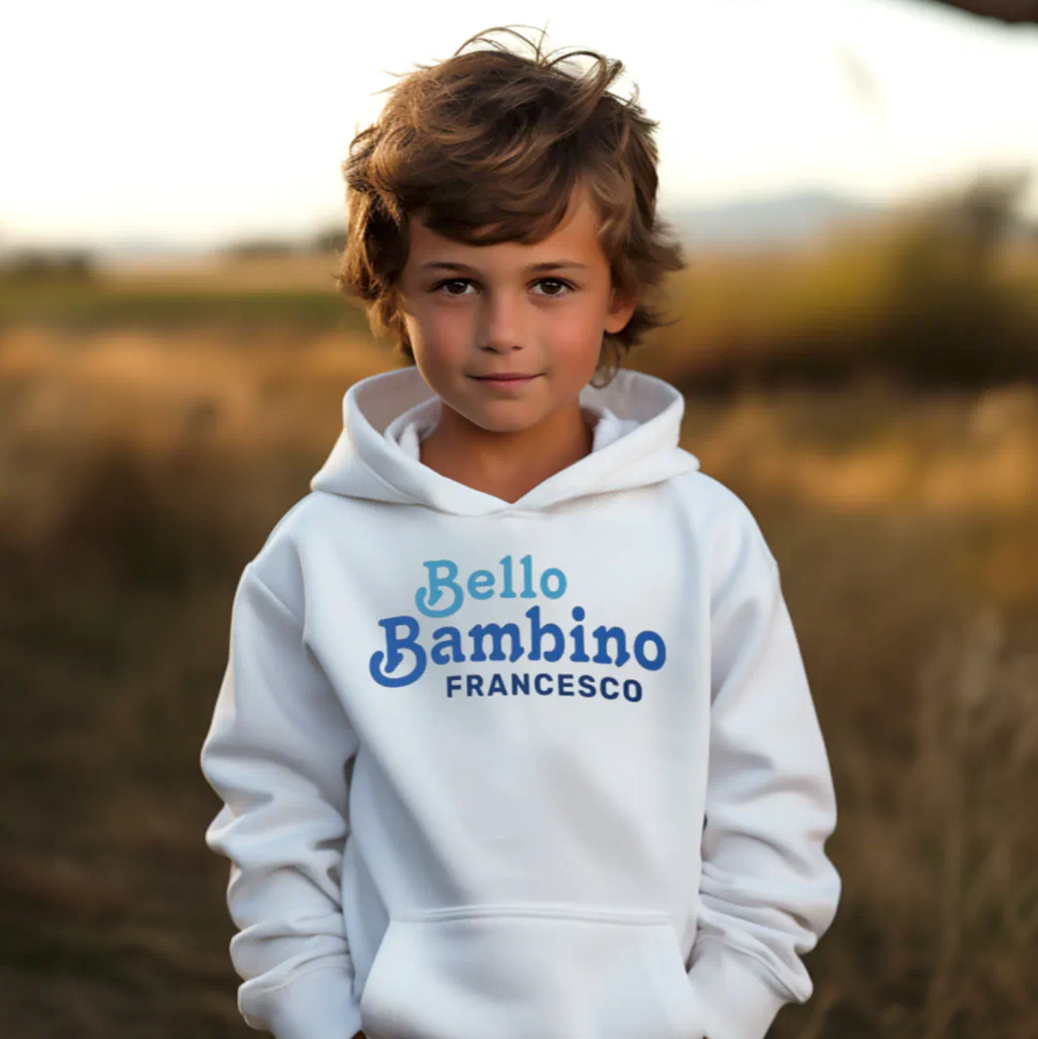 White pullover hoodie with 'Bello Bambino' (Beautiful Boy) and personalized name. Italian heritage kids apparel, gift for him, gift for son, custom children's clothing, birthday gift, Christmas gift, and adorable hoodie for Italian boy pride.